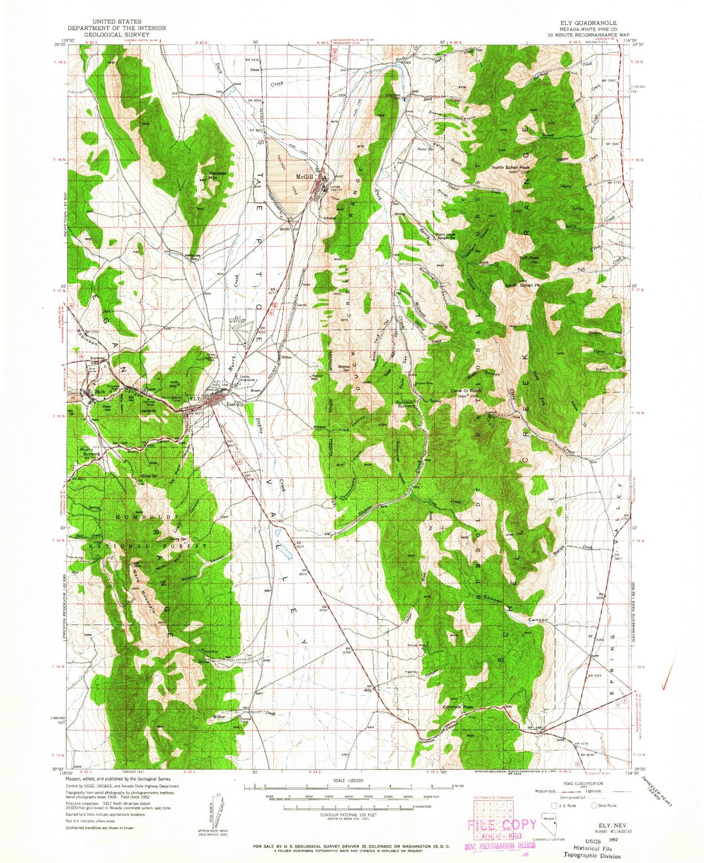 Historic 1952 Ely Nevada 30'x30' Topo Map Image