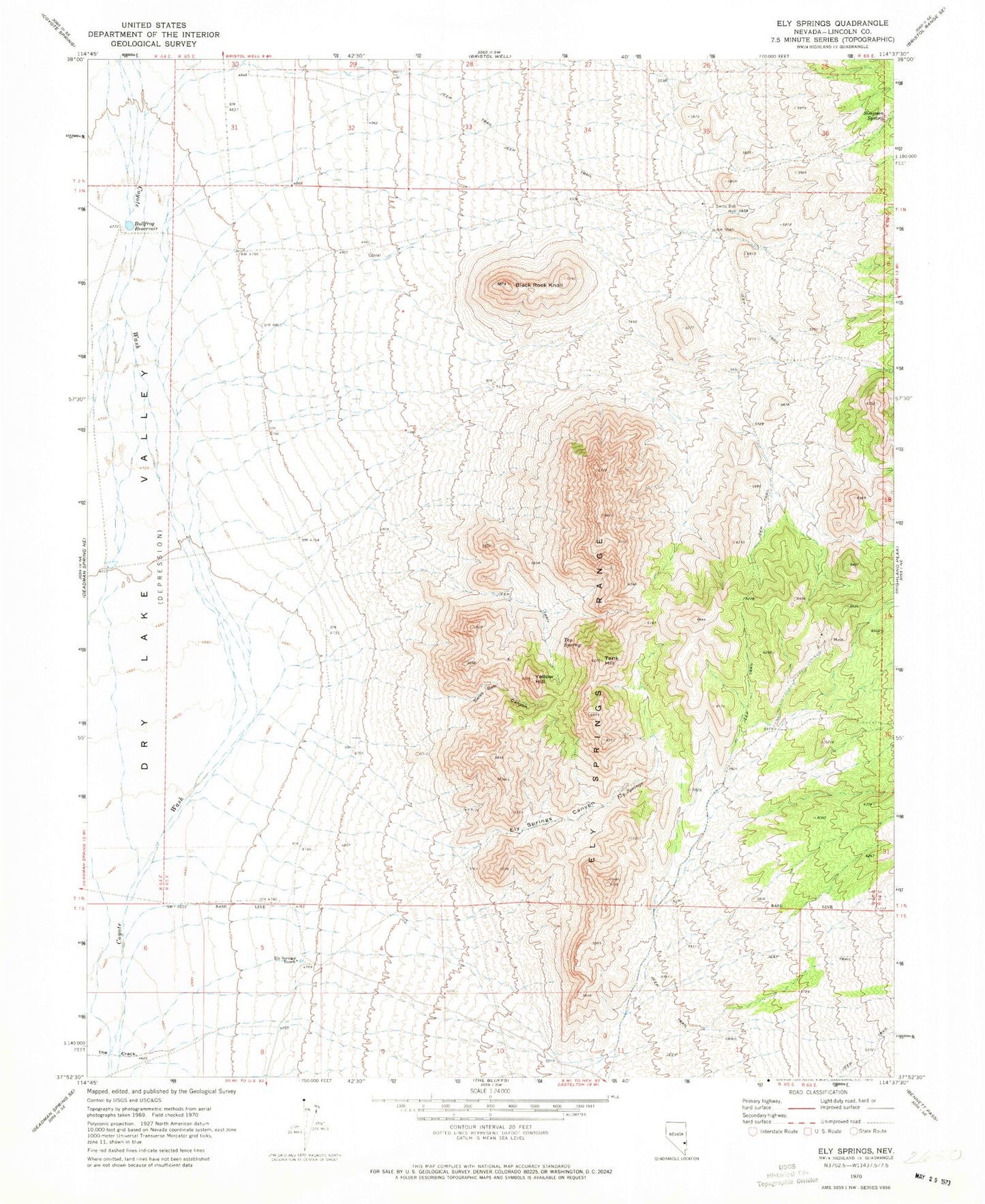 Classic USGS Ely Springs Nevada 7.5'x7.5' Topo Map Image
