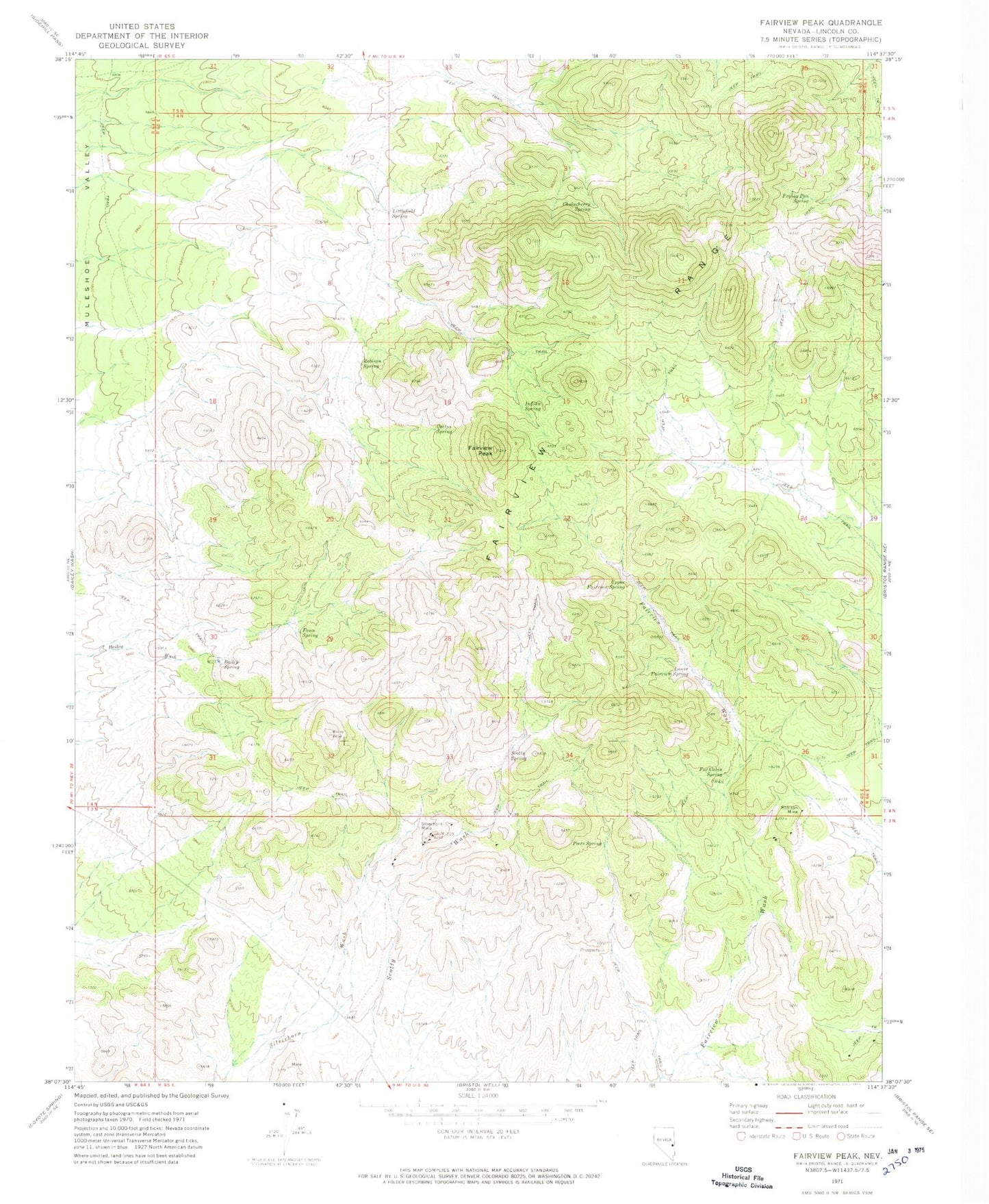 Classic USGS Fairview Peak Nevada 7.5'x7.5' Topo Map Image