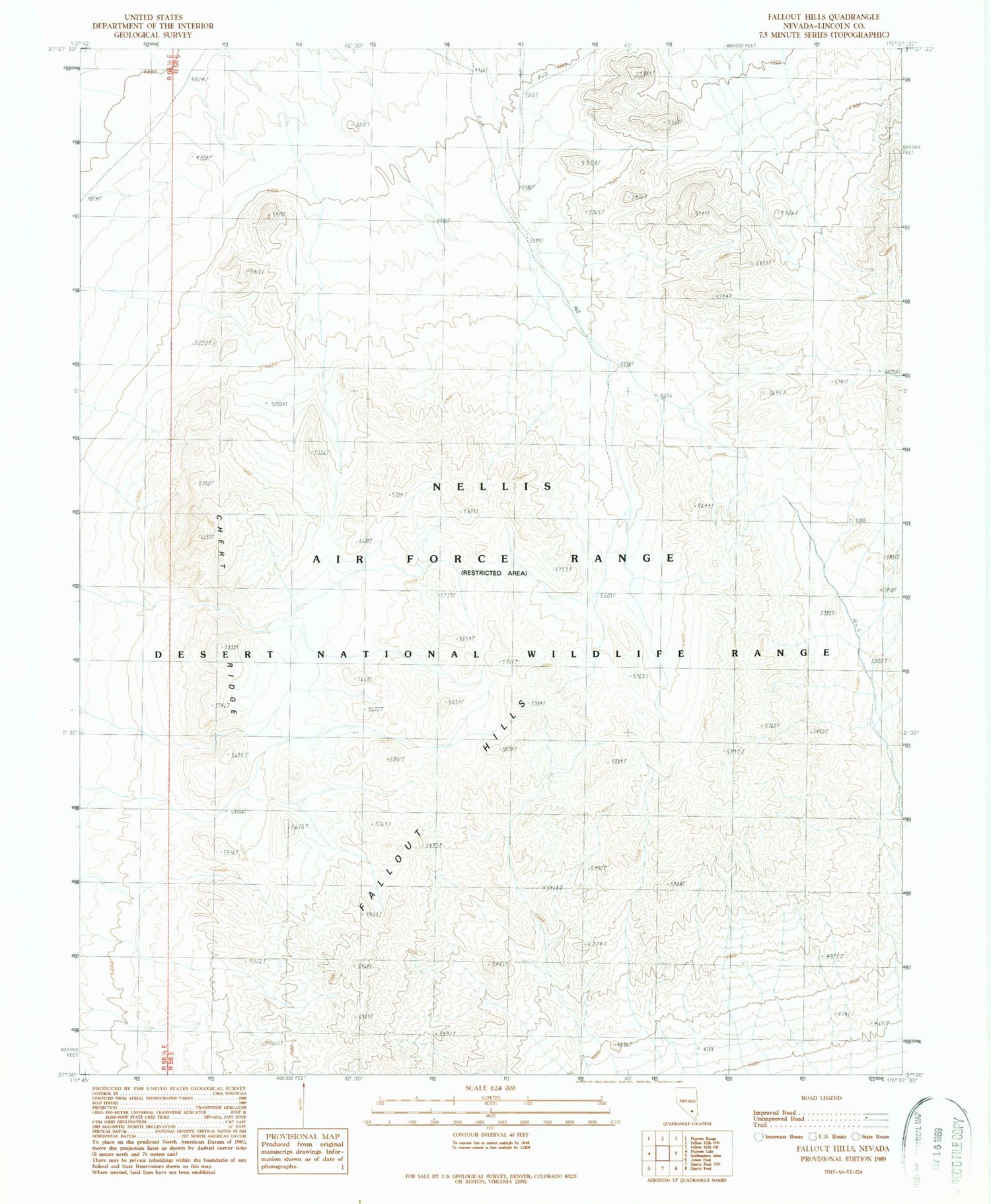 Classic USGS Fallout Hills Nevada 7.5'x7.5' Topo Map Image