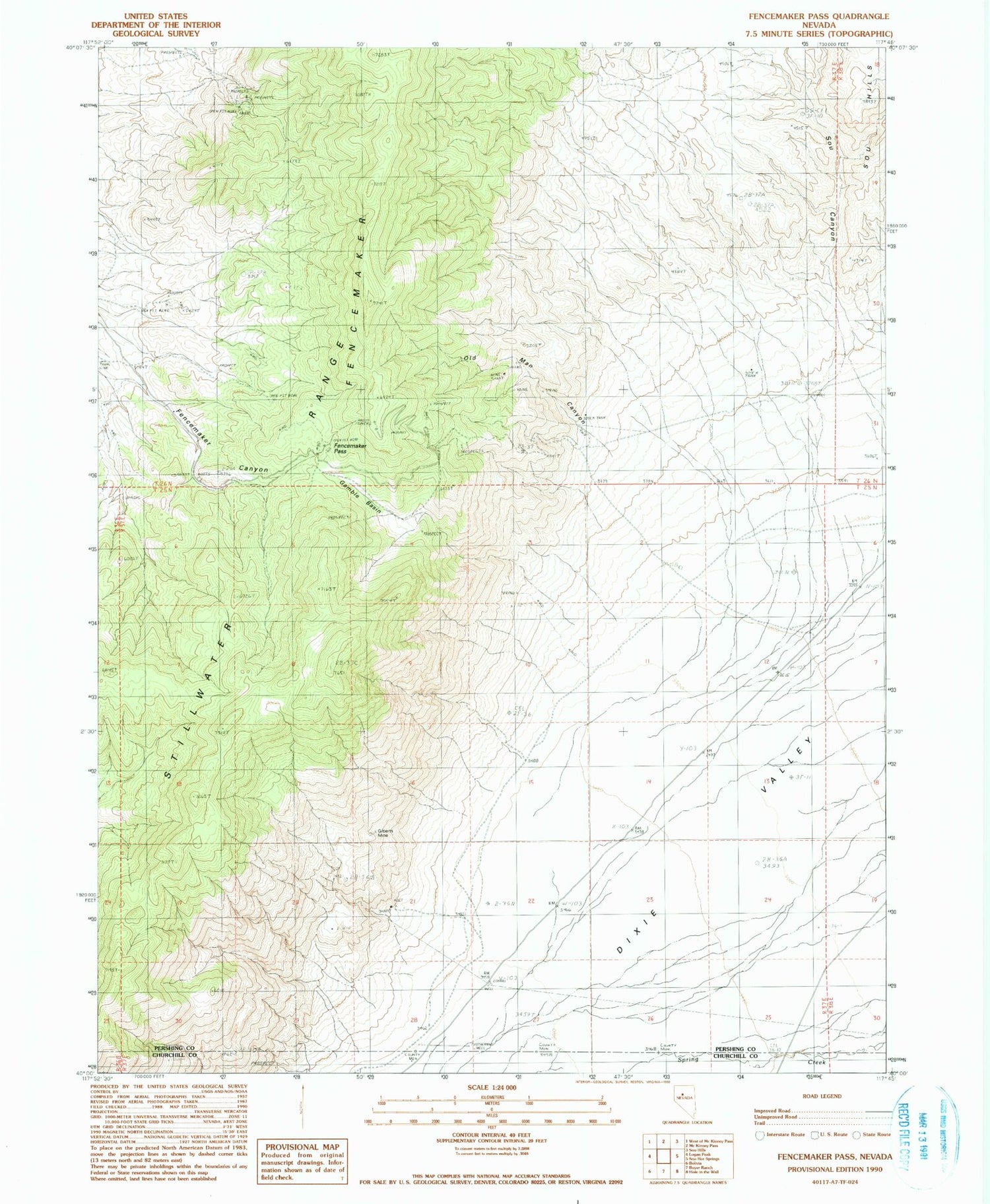 Classic USGS Fencemaker Pass Nevada 7.5'x7.5' Topo Map Image