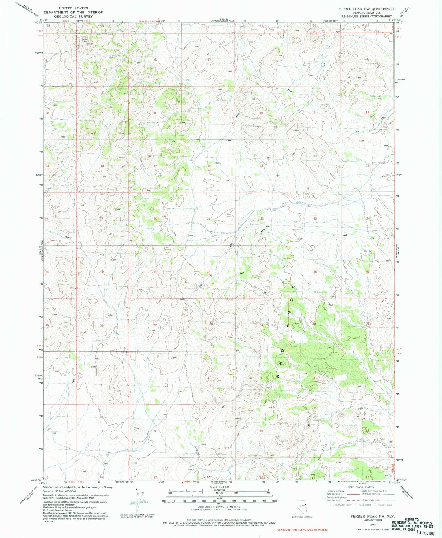 Classic USGS Ferber Peak NW Nevada 7.5'x7.5' Topo Map Image