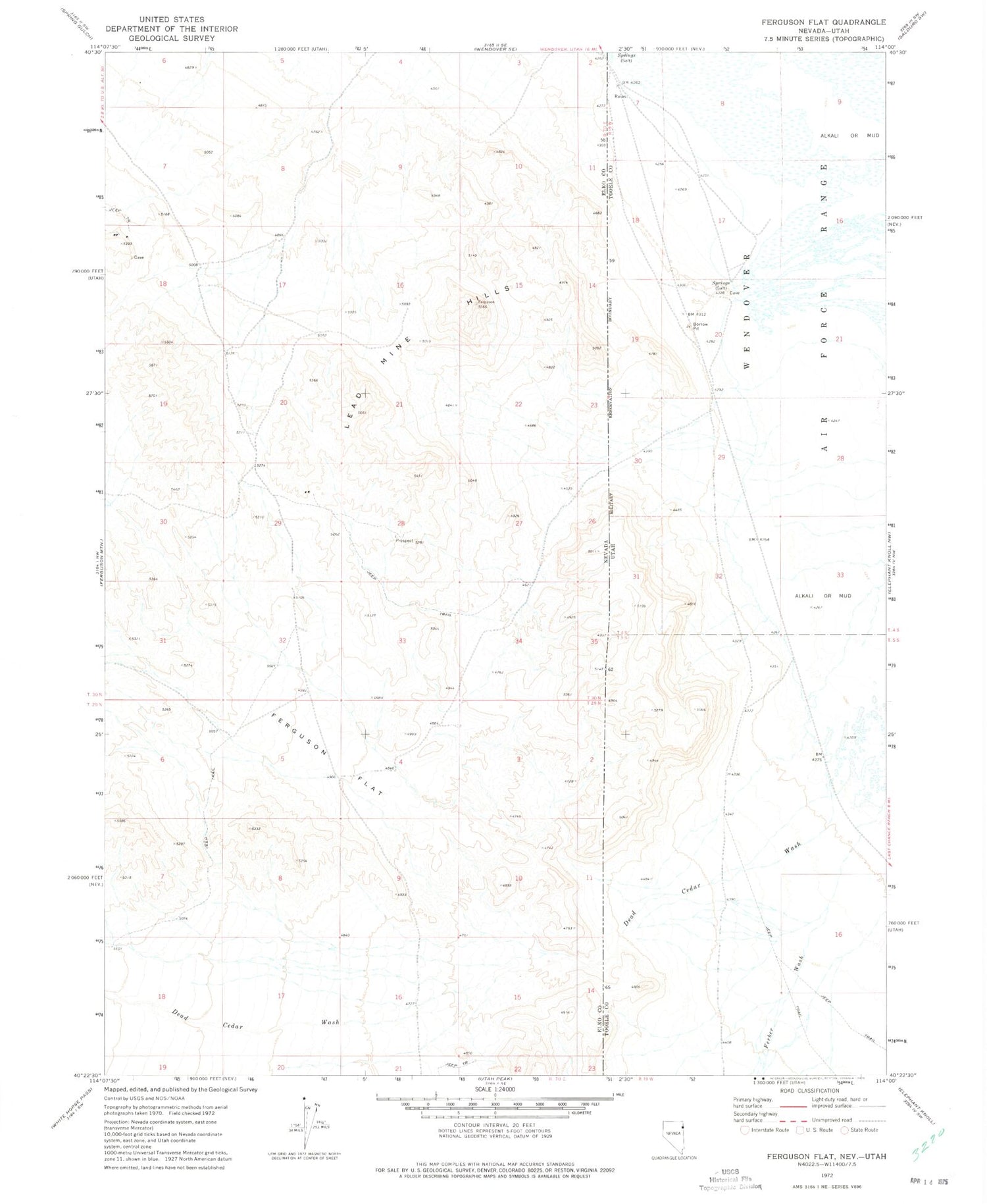 Classic USGS Ferguson Flat Nevada 7.5'x7.5' Topo Map Image