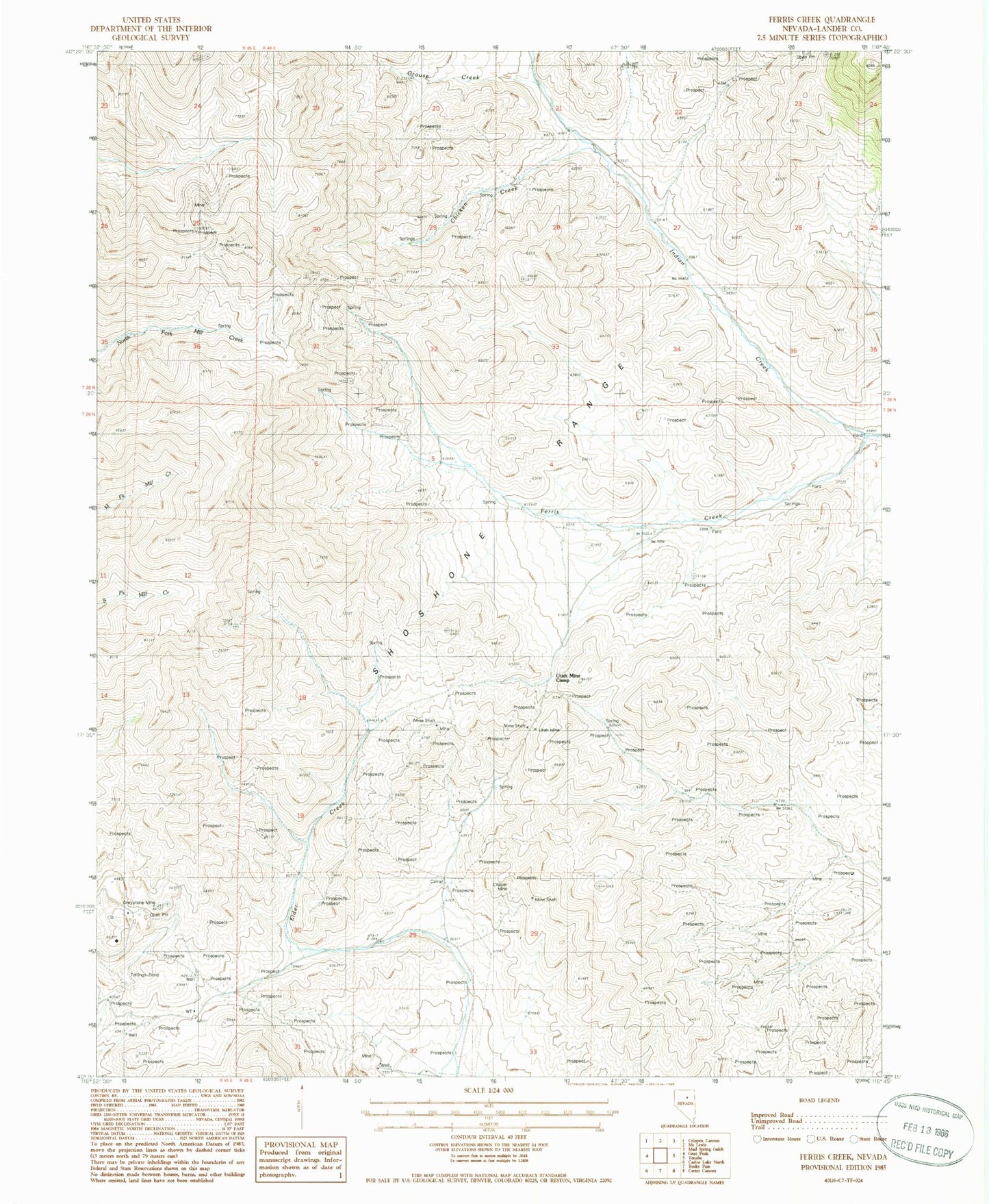Classic USGS Ferris Creek Nevada 7.5'x7.5' Topo Map Image