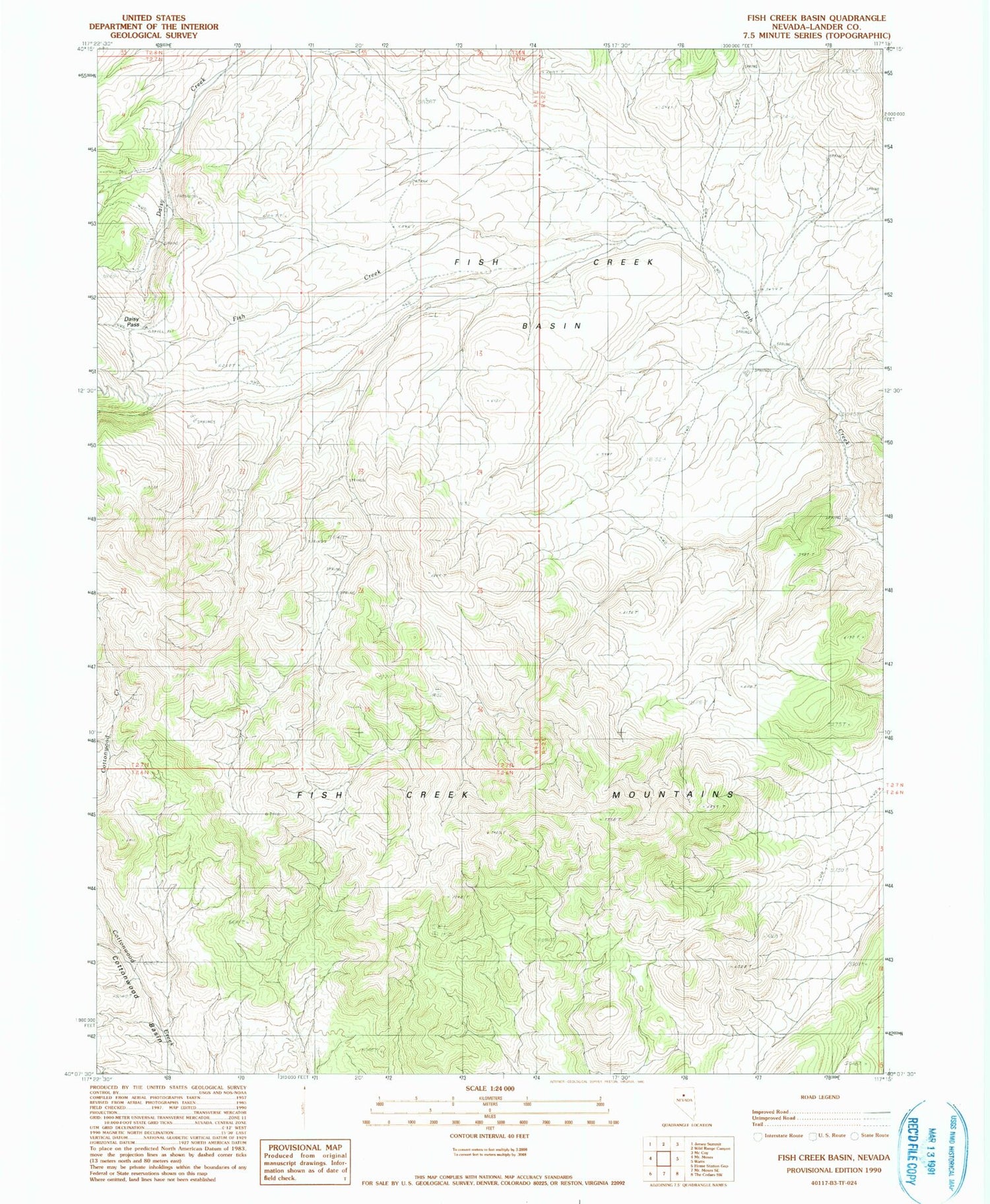 Classic USGS Fish Creek Basin Nevada 7.5'x7.5' Topo Map Image