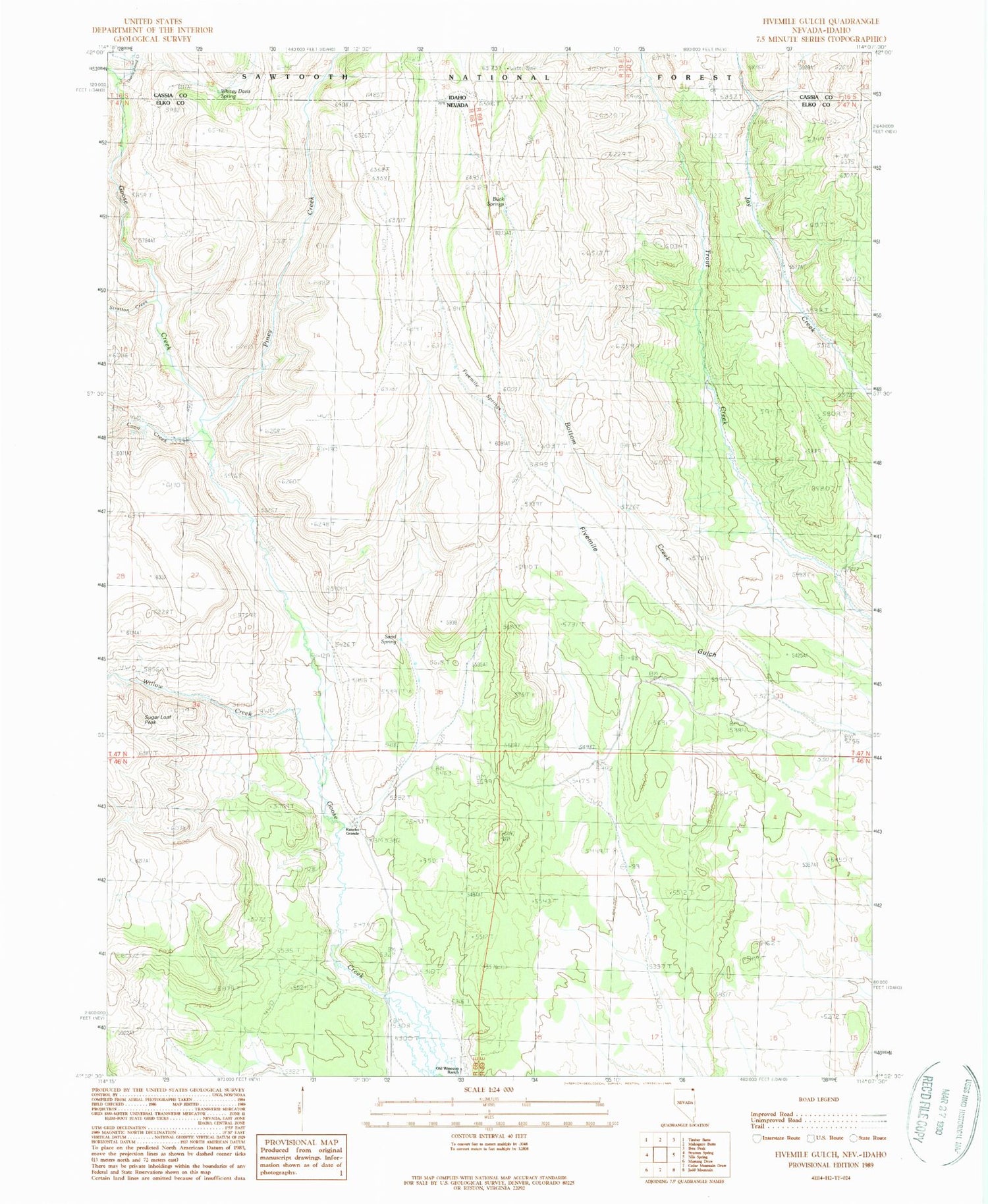 Classic USGS Fivemile Gulch Nevada 7.5'x7.5' Topo Map Image