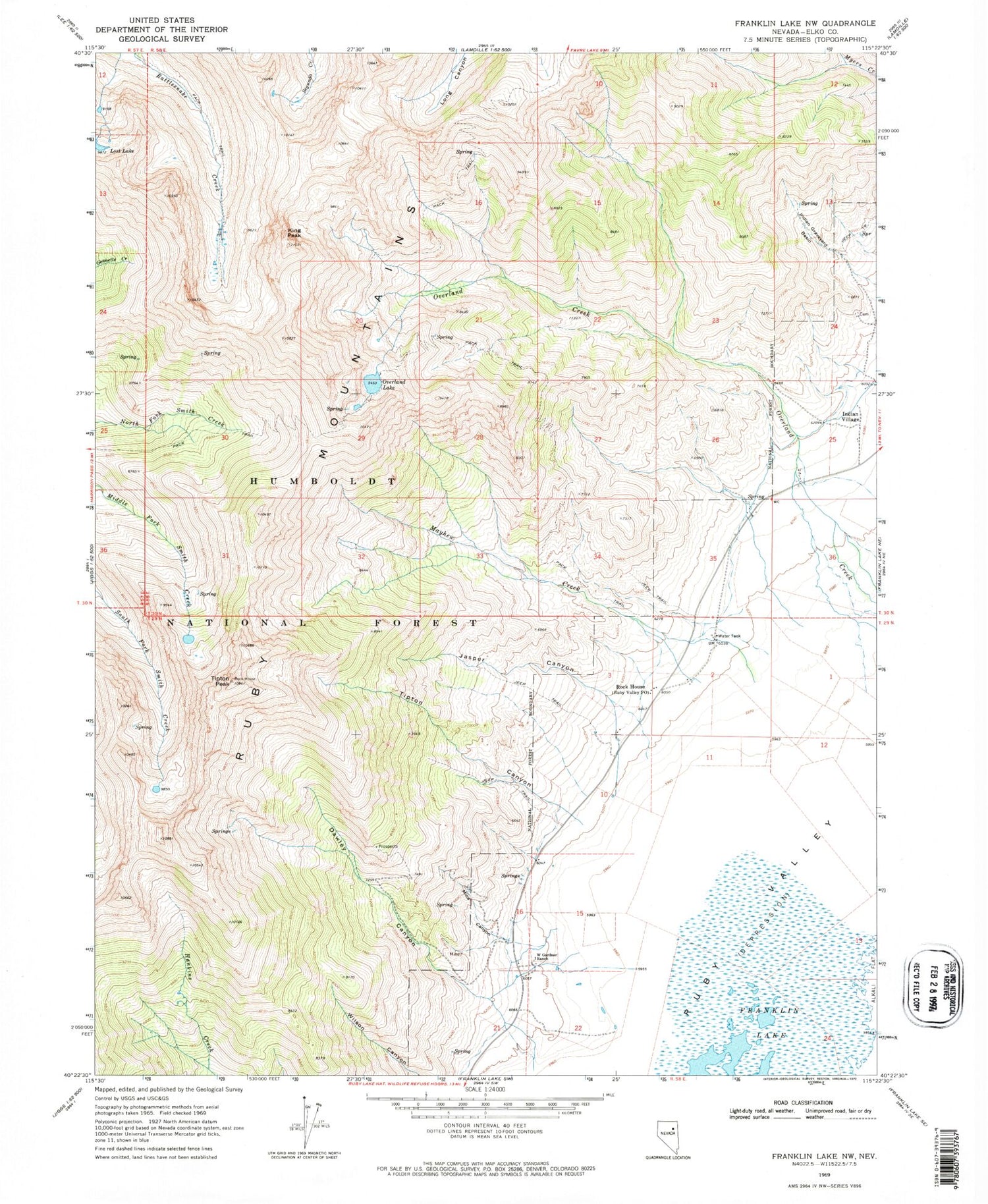Classic USGS Franklin Lake NW Nevada 7.5'x7.5' Topo Map Image