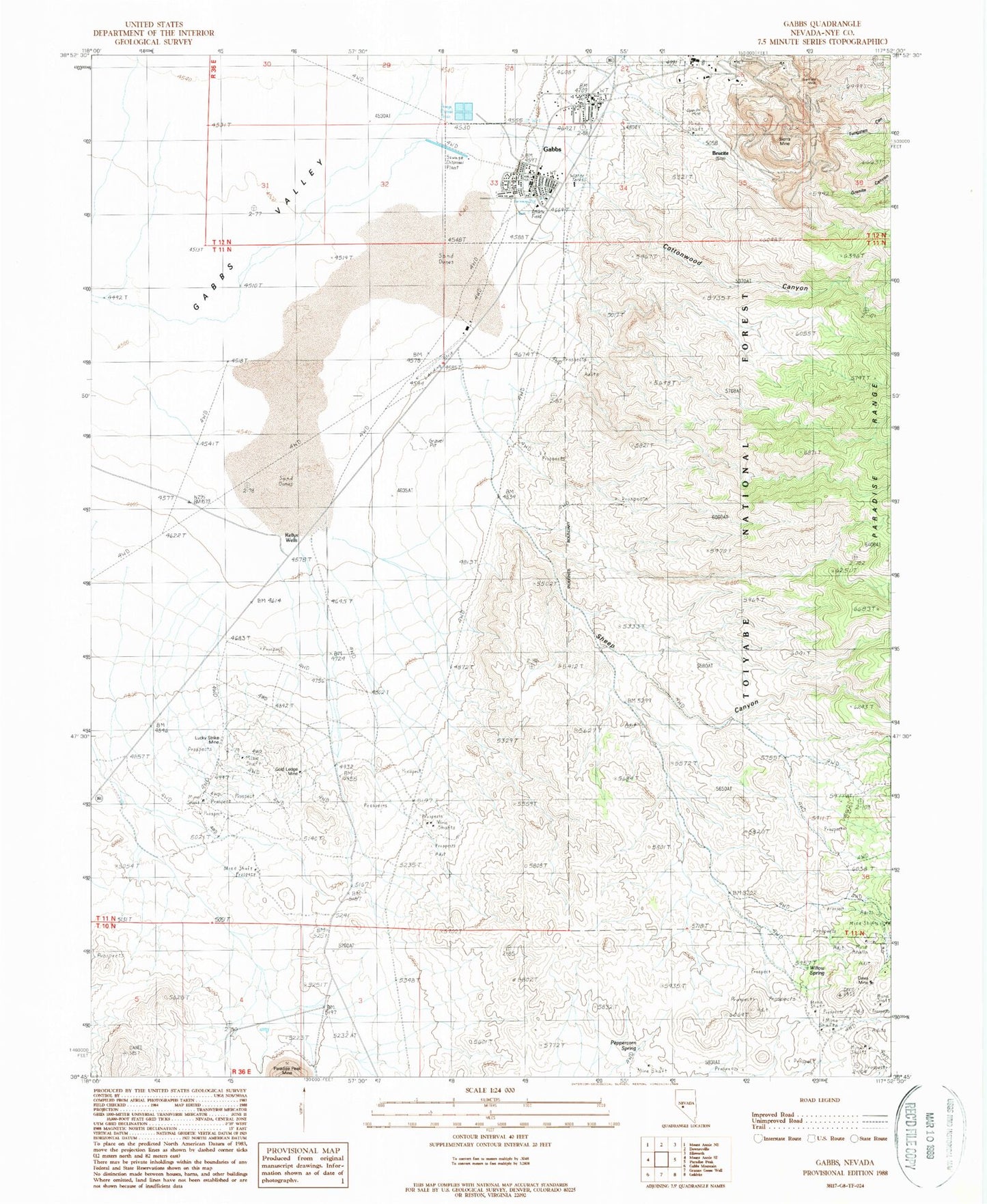 Classic USGS Gabbs Nevada 7.5'x7.5' Topo Map Image
