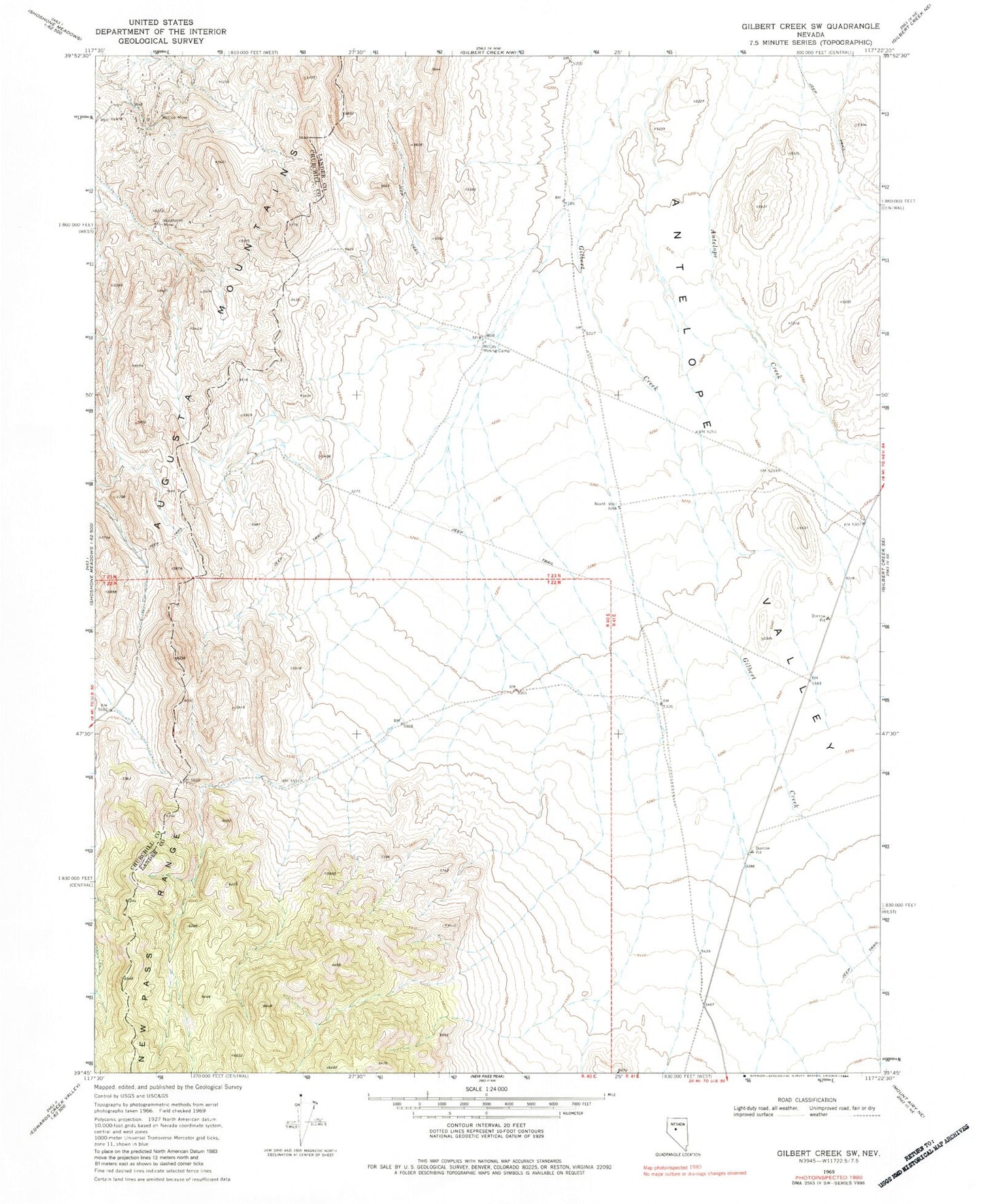 Classic USGS Gilbert Creek SW Nevada 7.5'x7.5' Topo Map Image