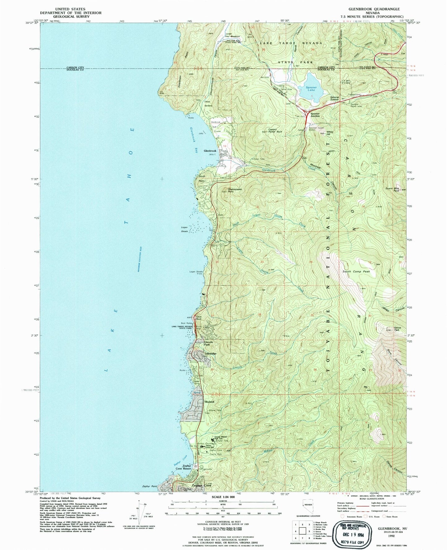 Classic USGS Glenbrook Nevada 7.5'x7.5' Topo Map Image