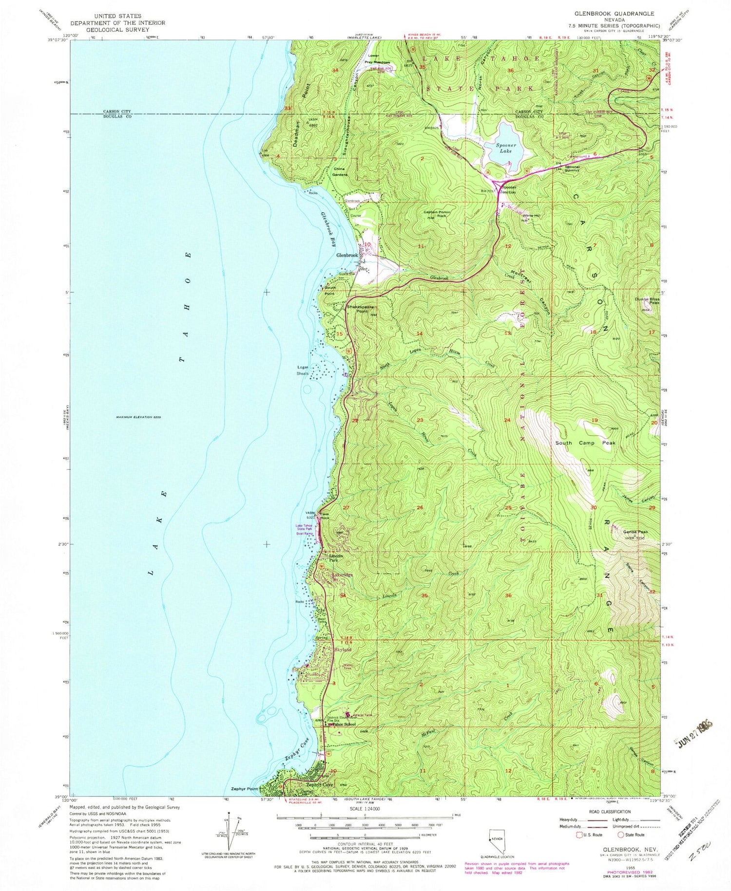 Classic USGS Glenbrook Nevada 7.5'x7.5' Topo Map Image