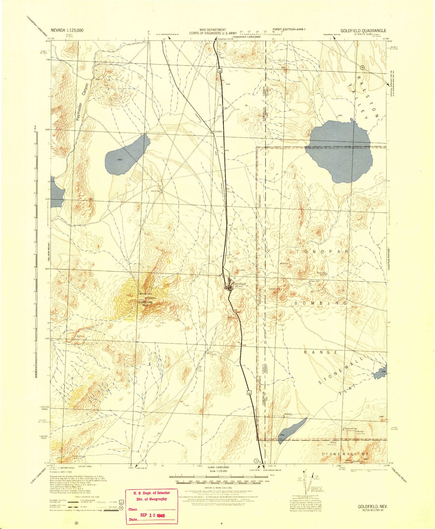 Historic 1945 Goldfield Nevada 30'x30' Topo Map Image