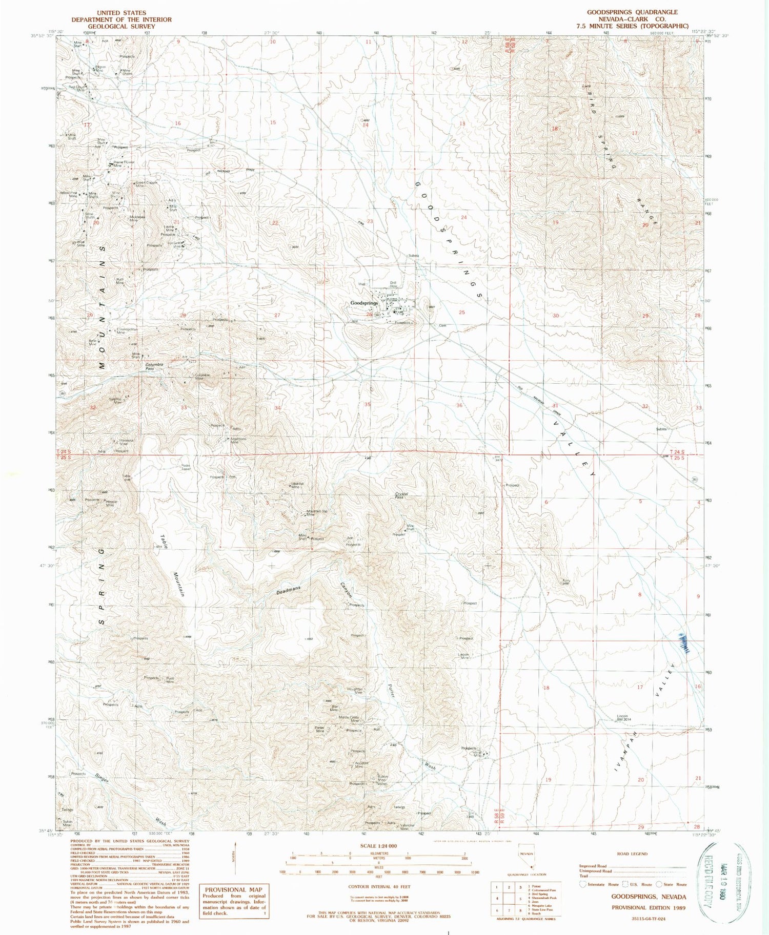 Classic USGS Goodsprings Nevada 7.5'x7.5' Topo Map Image
