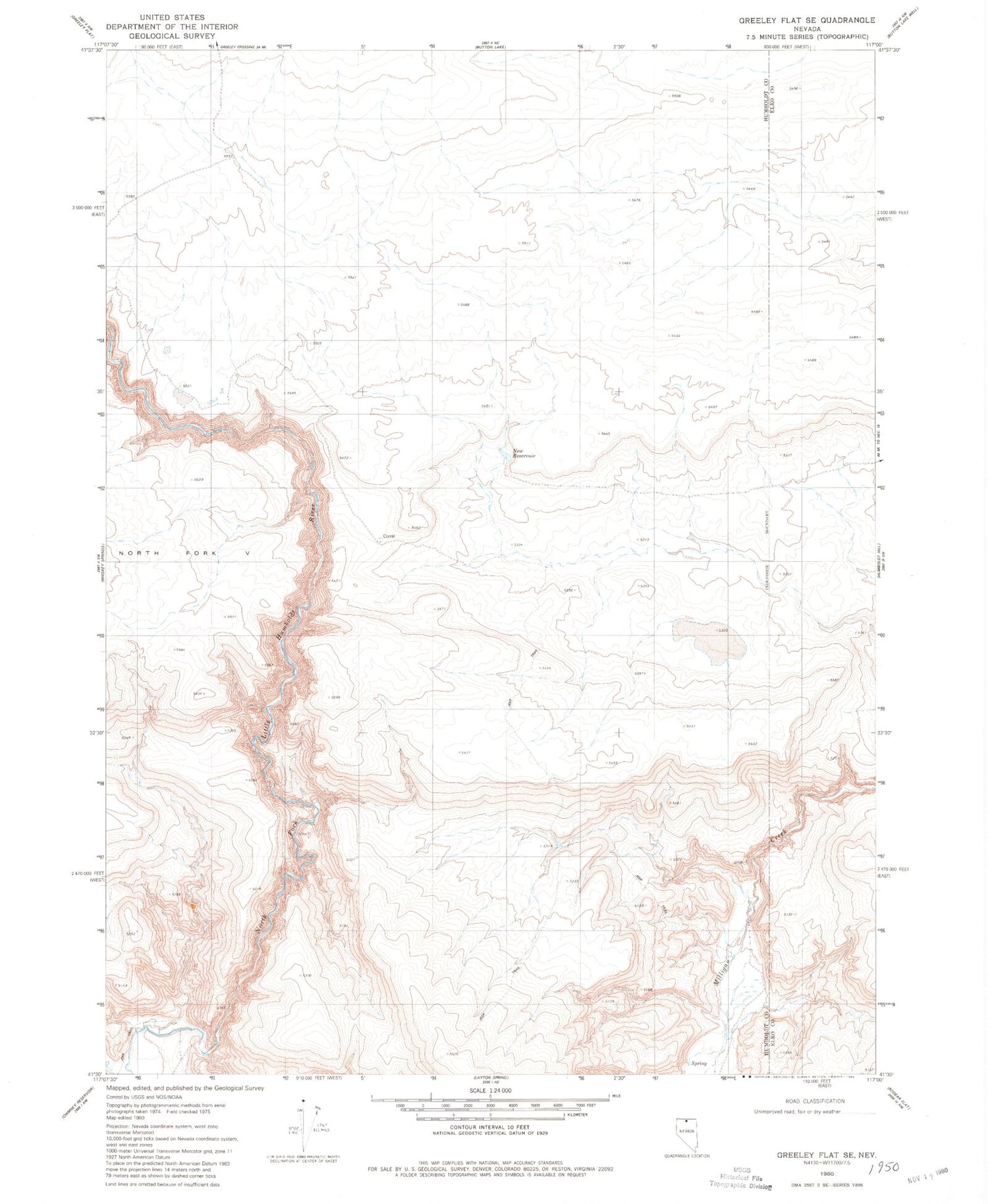 Classic USGS Greeley Flat SE Nevada 7.5'x7.5' Topo Map Image