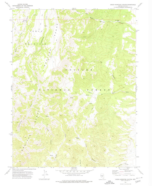 Classic USGS Green Monster Canyon Nevada 7.5'x7.5' Topo Map Image