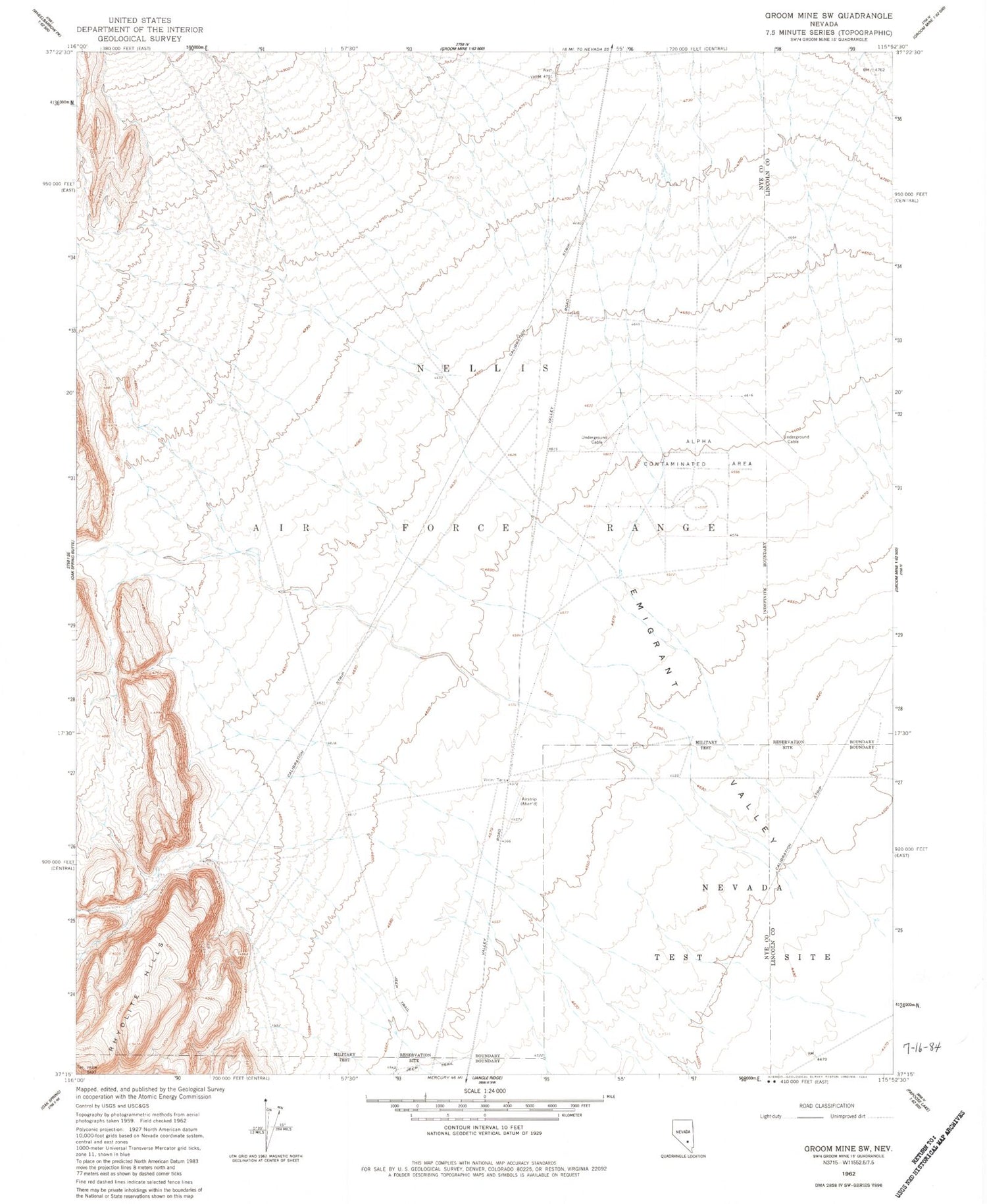 Classic USGS Groom Mine SW Nevada 7.5'x7.5' Topo Map Image
