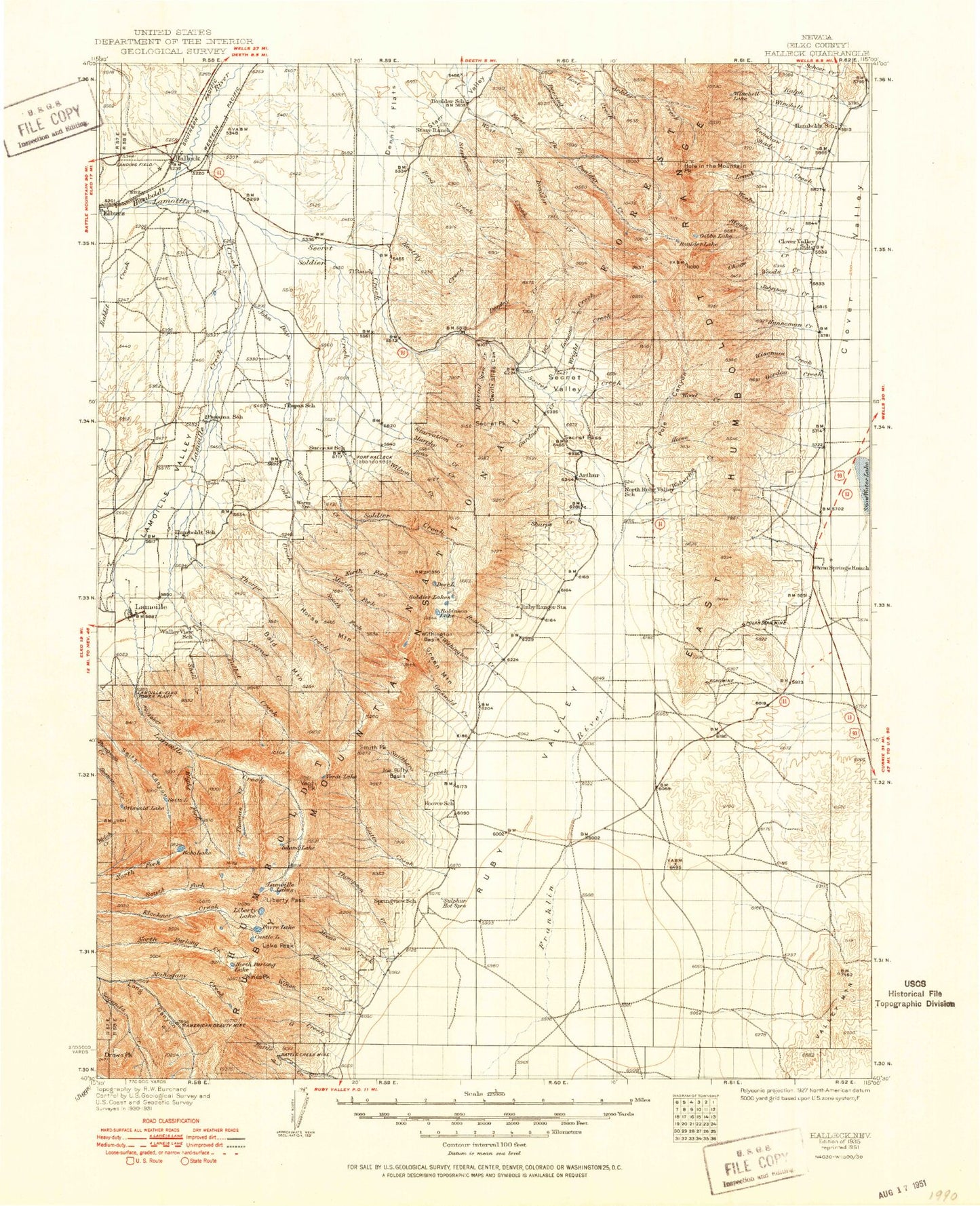 Historic 1935 Halleck Nevada 30'x30' Topo Map Image