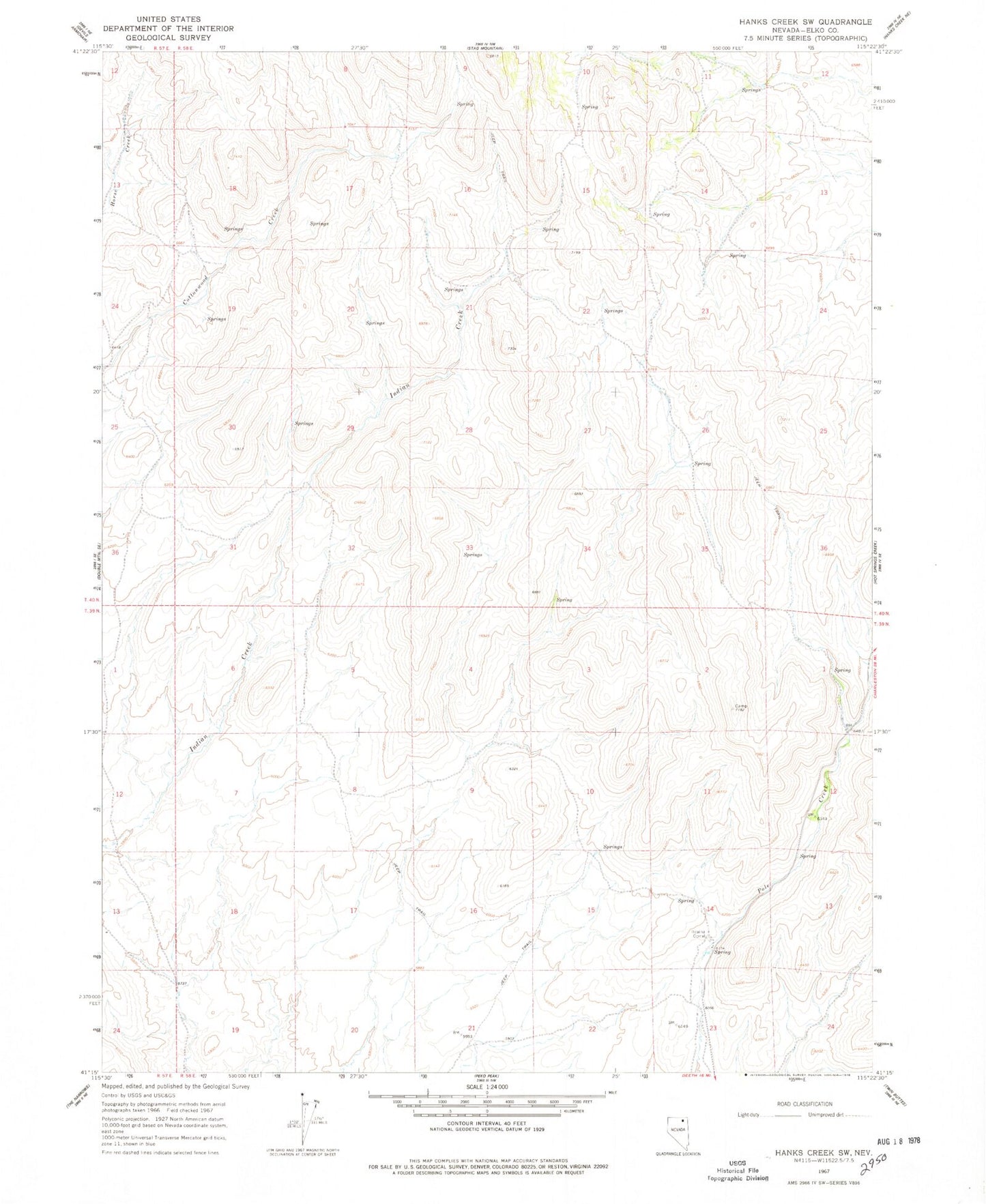 Classic USGS Hanks Creek SW Nevada 7.5'x7.5' Topo Map Image