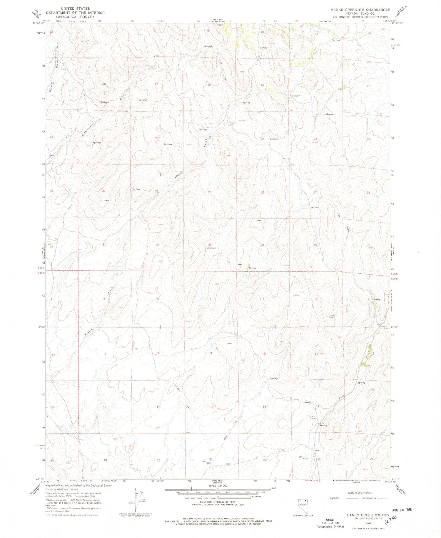 Classic USGS Hanks Creek SW Nevada 7.5'x7.5' Topo Map Image