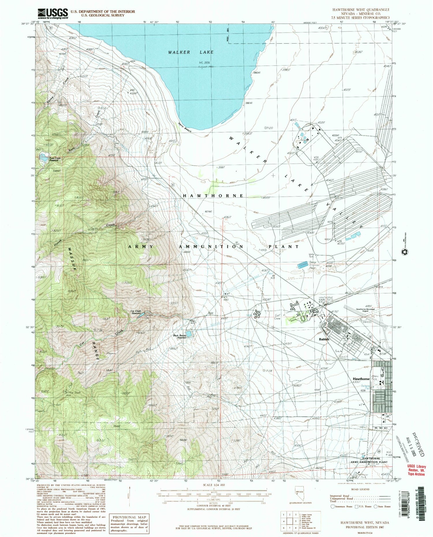 Classic USGS Hawthorne West Nevada 7.5'x7.5' Topo Map Image