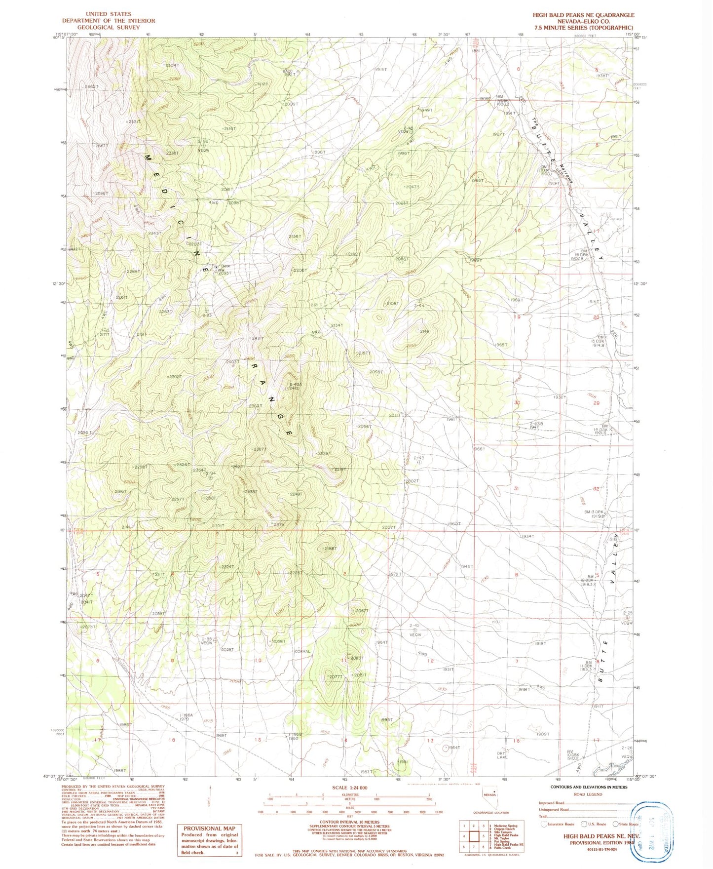 Classic USGS High Bald Peaks NE Nevada 7.5'x7.5' Topo Map Image