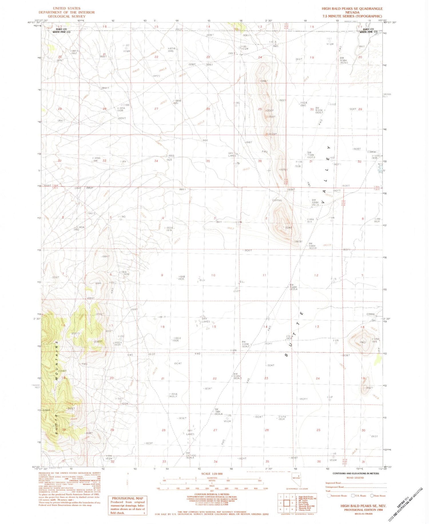 Classic USGS High Bald Peaks SE Nevada 7.5'x7.5' Topo Map Image
