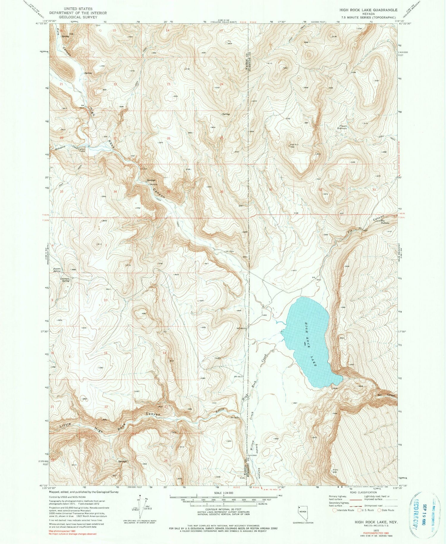 Classic USGS High Rock Lake Nevada 7.5'x7.5' Topo Map Image