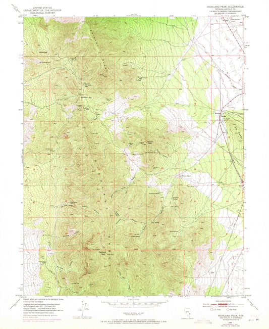 Classic USGS Highland Peak Nevada 7.5'x7.5' Topo Map Image