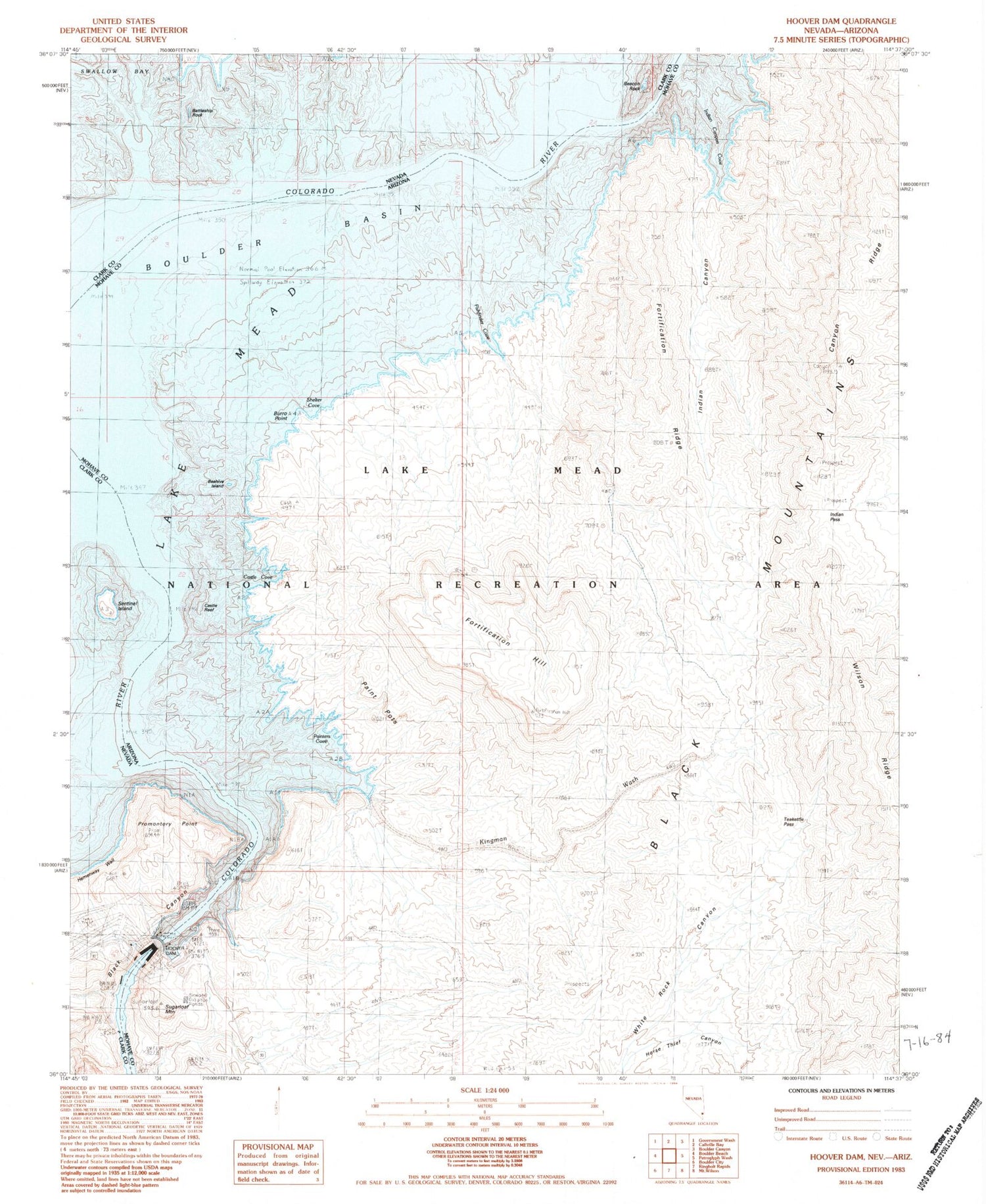 Classic USGS Hoover Dam Nevada 7.5'x7.5' Topo Map Image