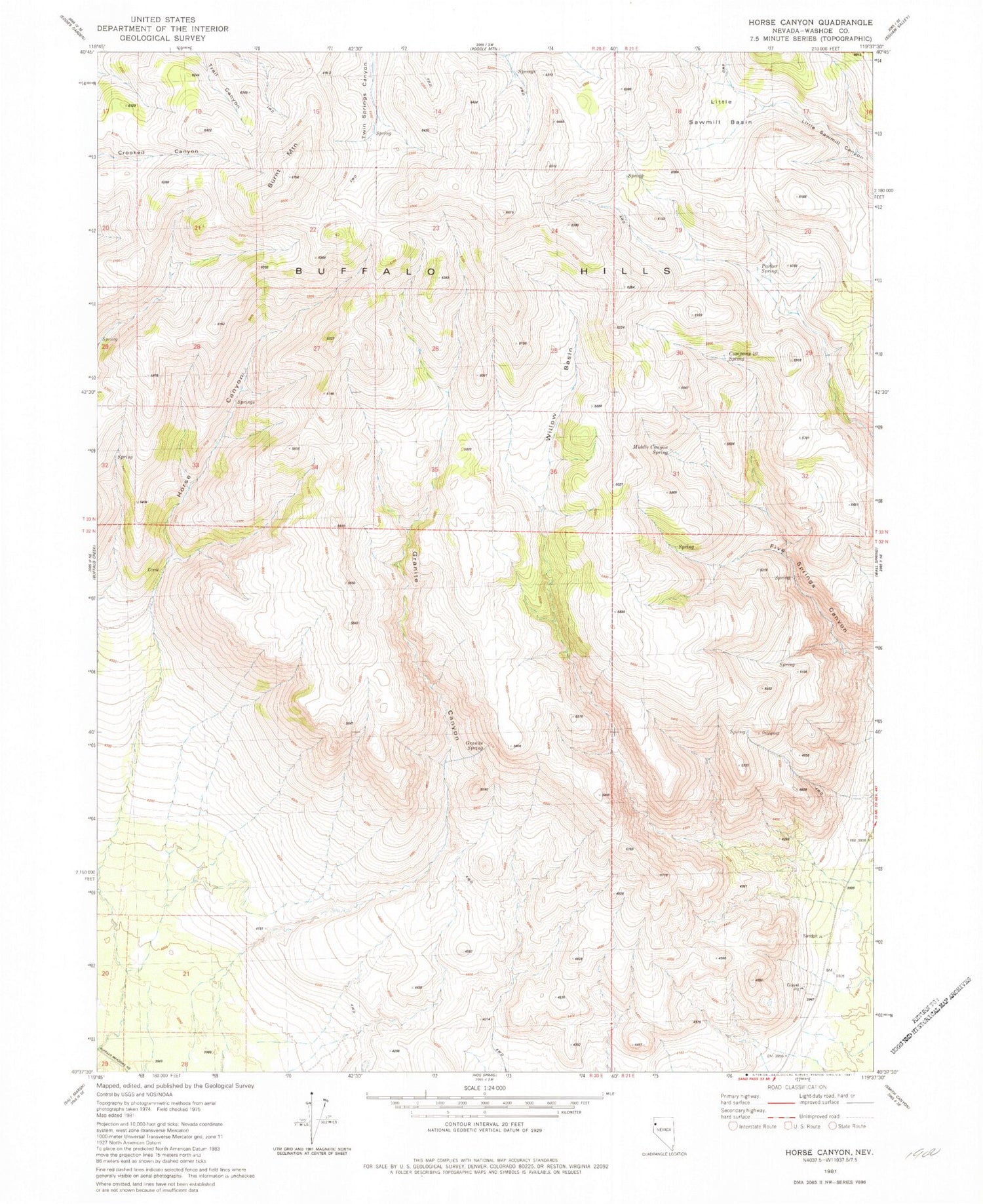 Classic USGS Horse Canyon Nevada 7.5'x7.5' Topo Map Image