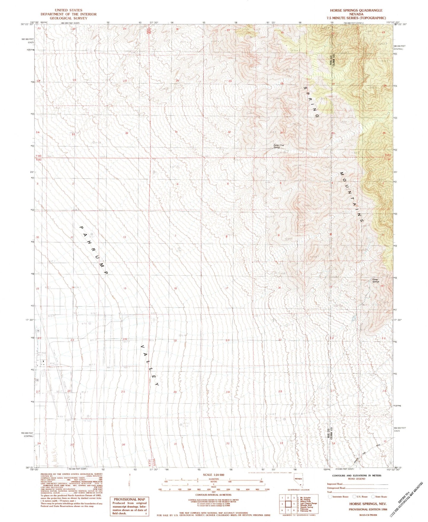 Classic USGS Horse Springs Nevada 7.5'x7.5' Topo Map Image