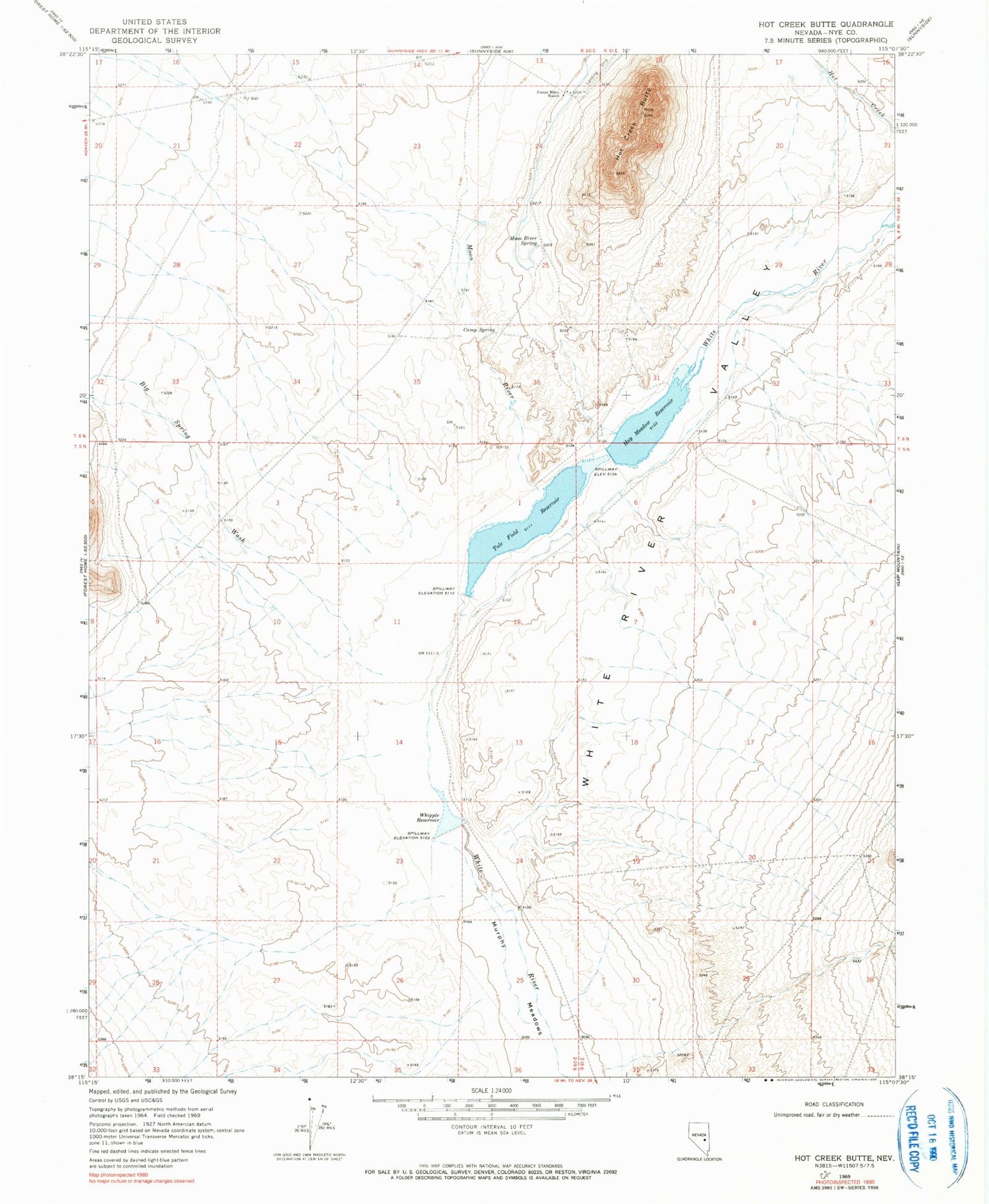 Classic USGS Hot Creek Butte Nevada 7.5'x7.5' Topo Map Image