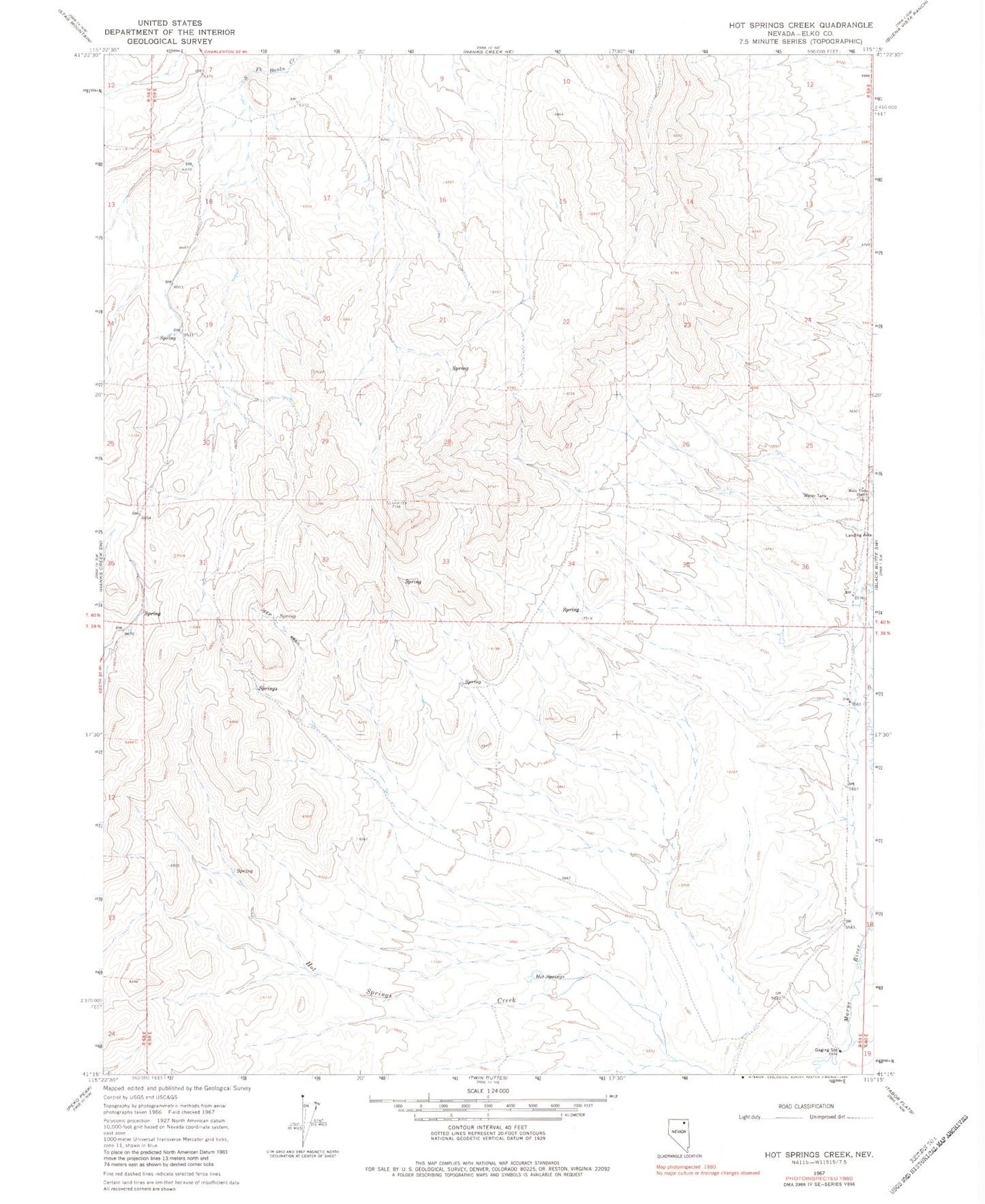 Classic USGS Hot Springs Creek Nevada 7.5'x7.5' Topo Map Image