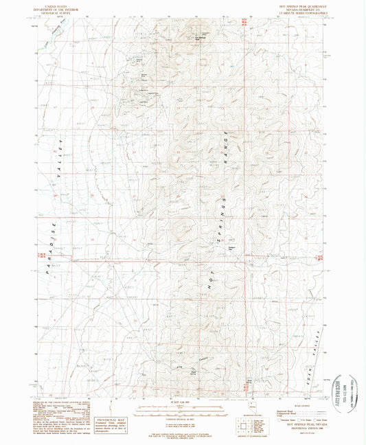 Classic USGS Hot Springs Peak Nevada 7.5'x7.5' Topo Map Image