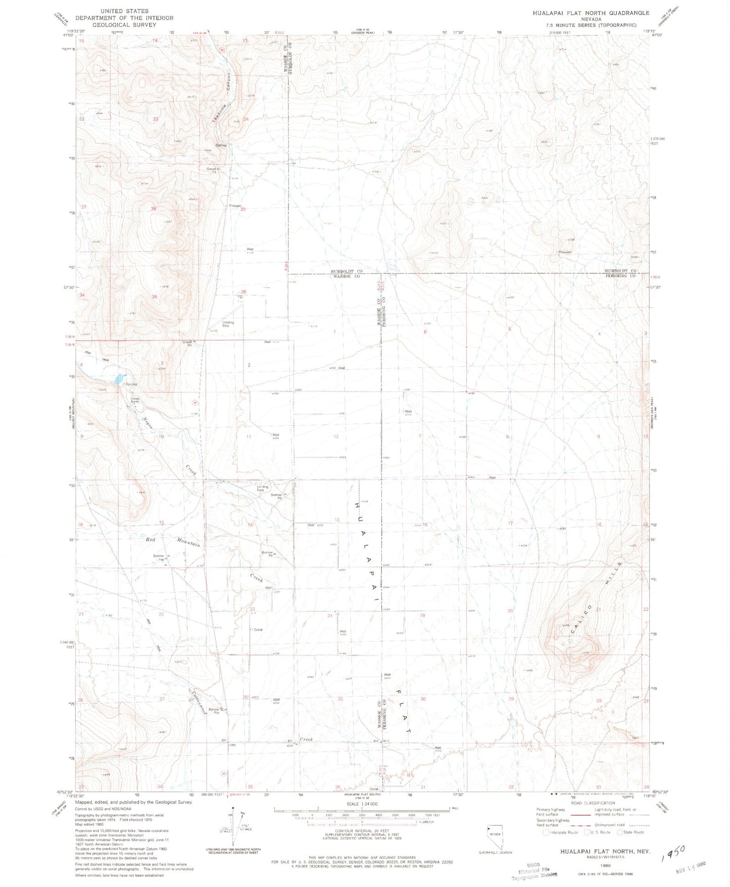 Classic USGS Hualapai Flat North Nevada 7.5'x7.5' Topo Map Image