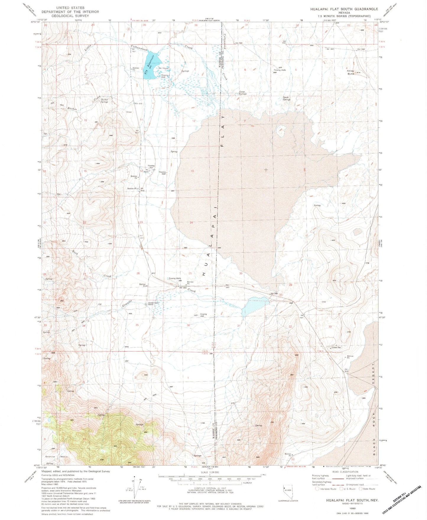 Classic USGS Hualapai Flat South Nevada 7.5'x7.5' Topo Map Image
