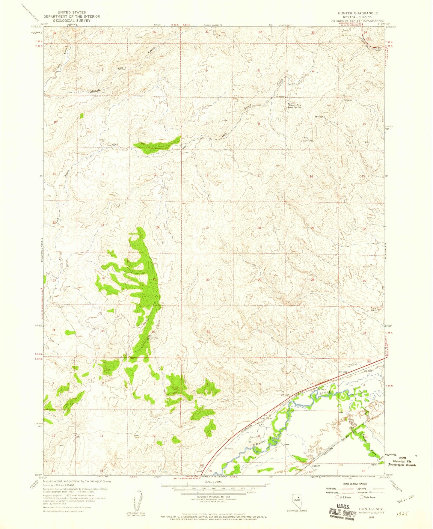 Classic USGS Hunter Nevada 7.5'x7.5' Topo Map Image