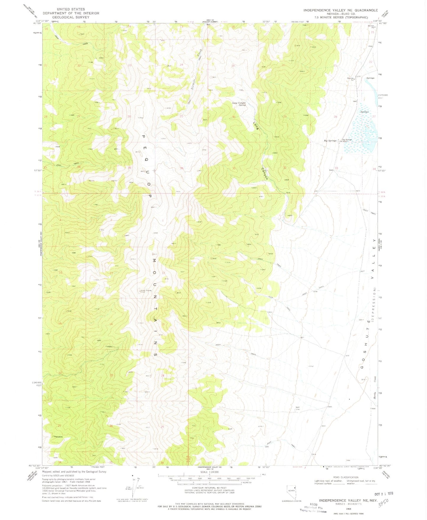 Classic USGS Independence Valley NE Nevada 7.5'x7.5' Topo Map Image