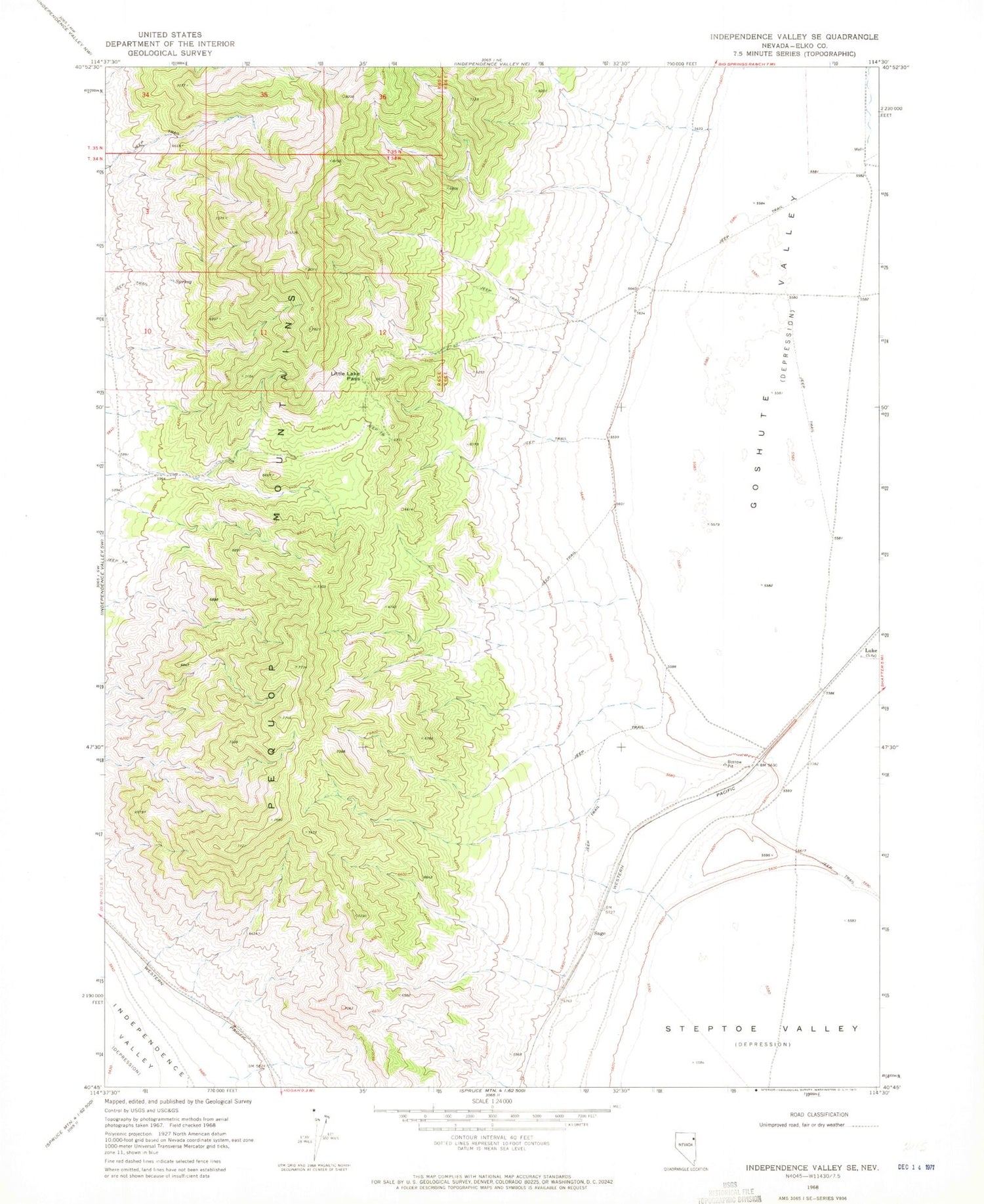 Classic USGS Independence Valley SE Nevada 7.5'x7.5' Topo Map Image