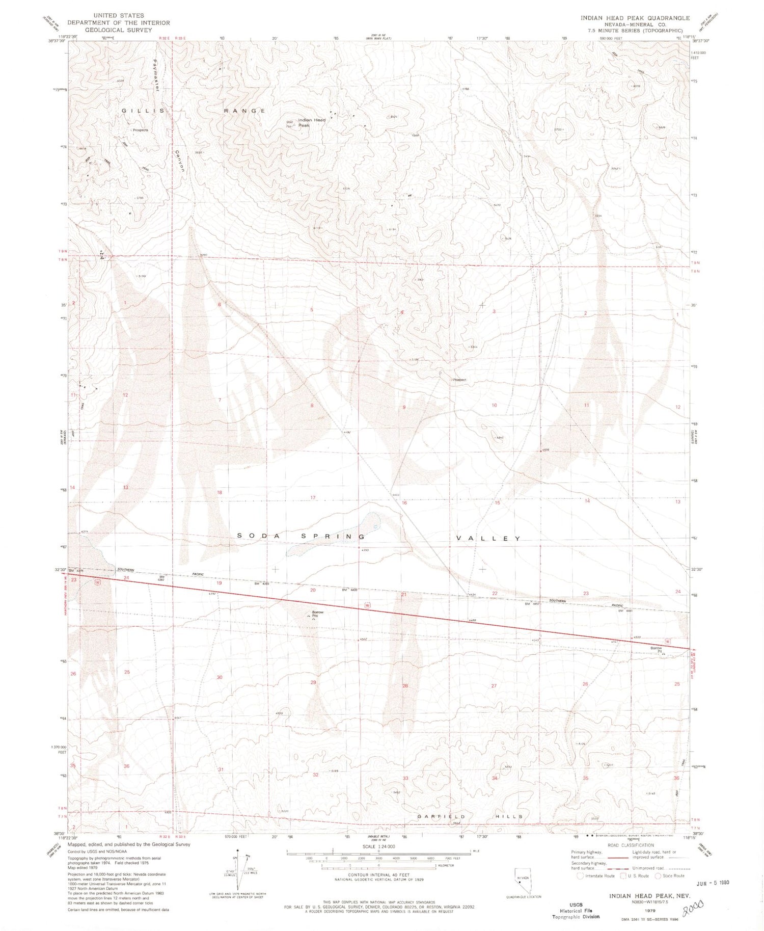 Classic USGS Indian Head Peak Nevada 7.5'x7.5' Topo Map Image