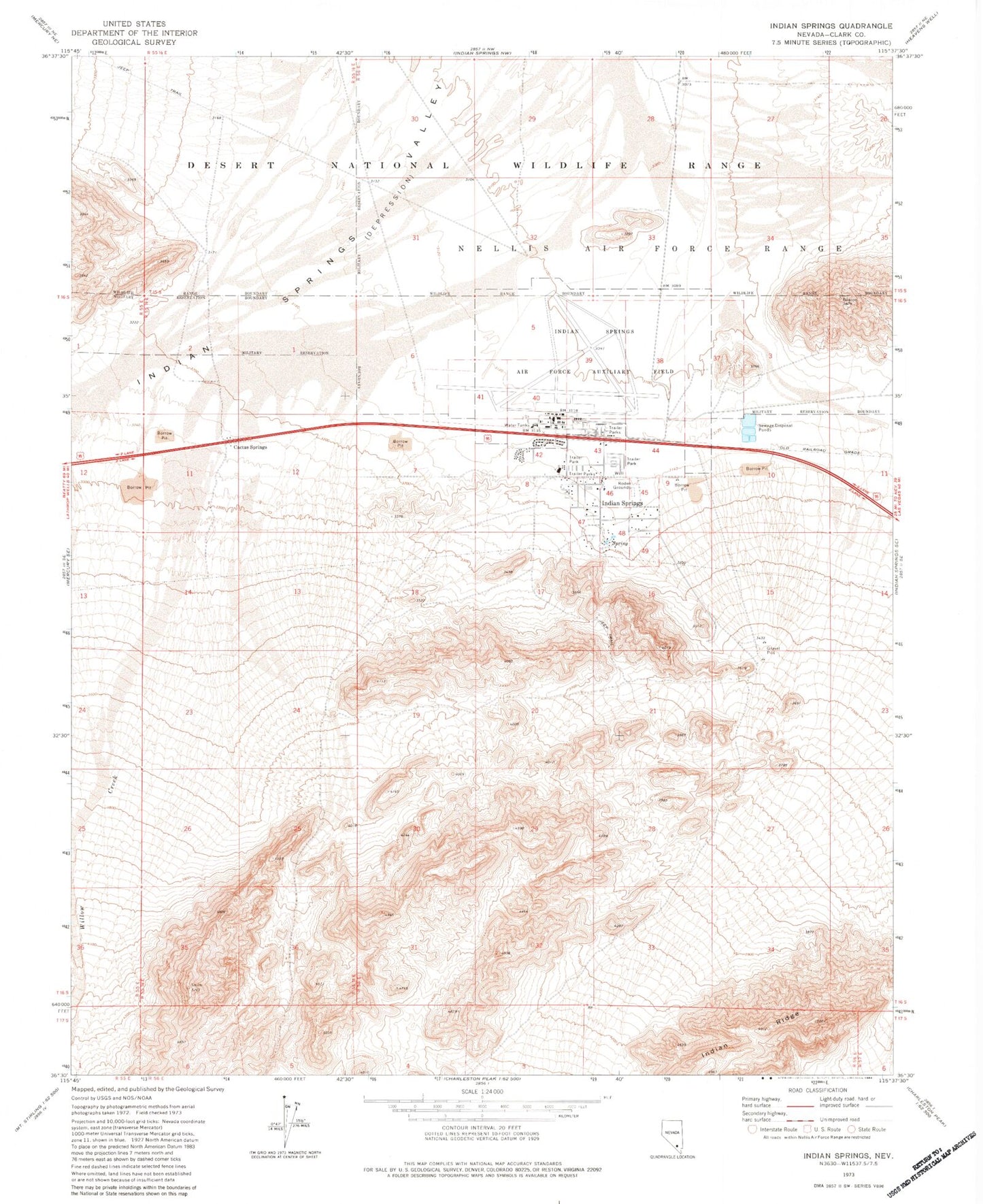 Classic USGS Indian Springs Nevada 7.5'x7.5' Topo Map Image