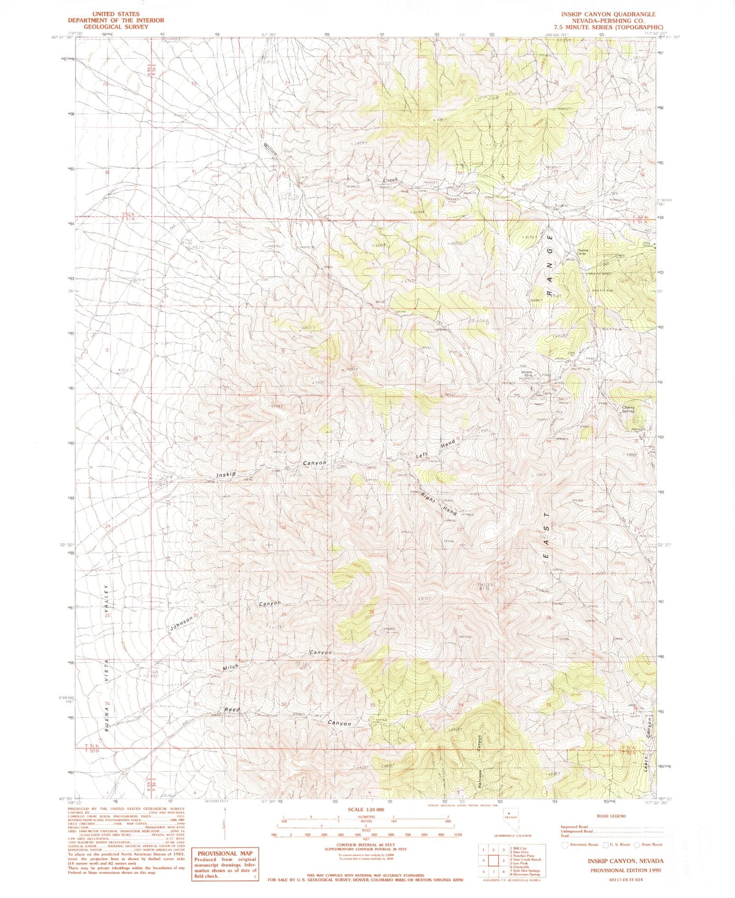 Classic USGS Inskip Canyon Nevada 7.5'x7.5' Topo Map Image