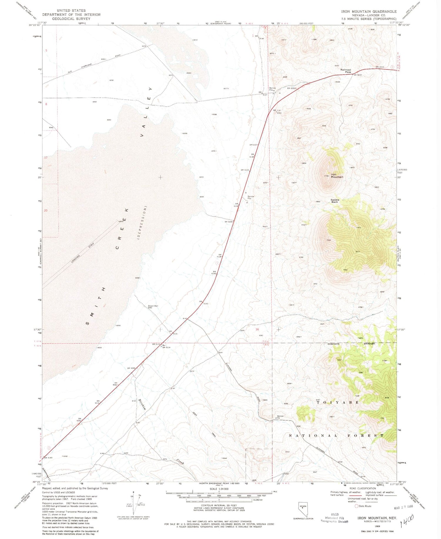 Classic USGS Iron Mountain Nevada 7.5'x7.5' Topo Map Image
