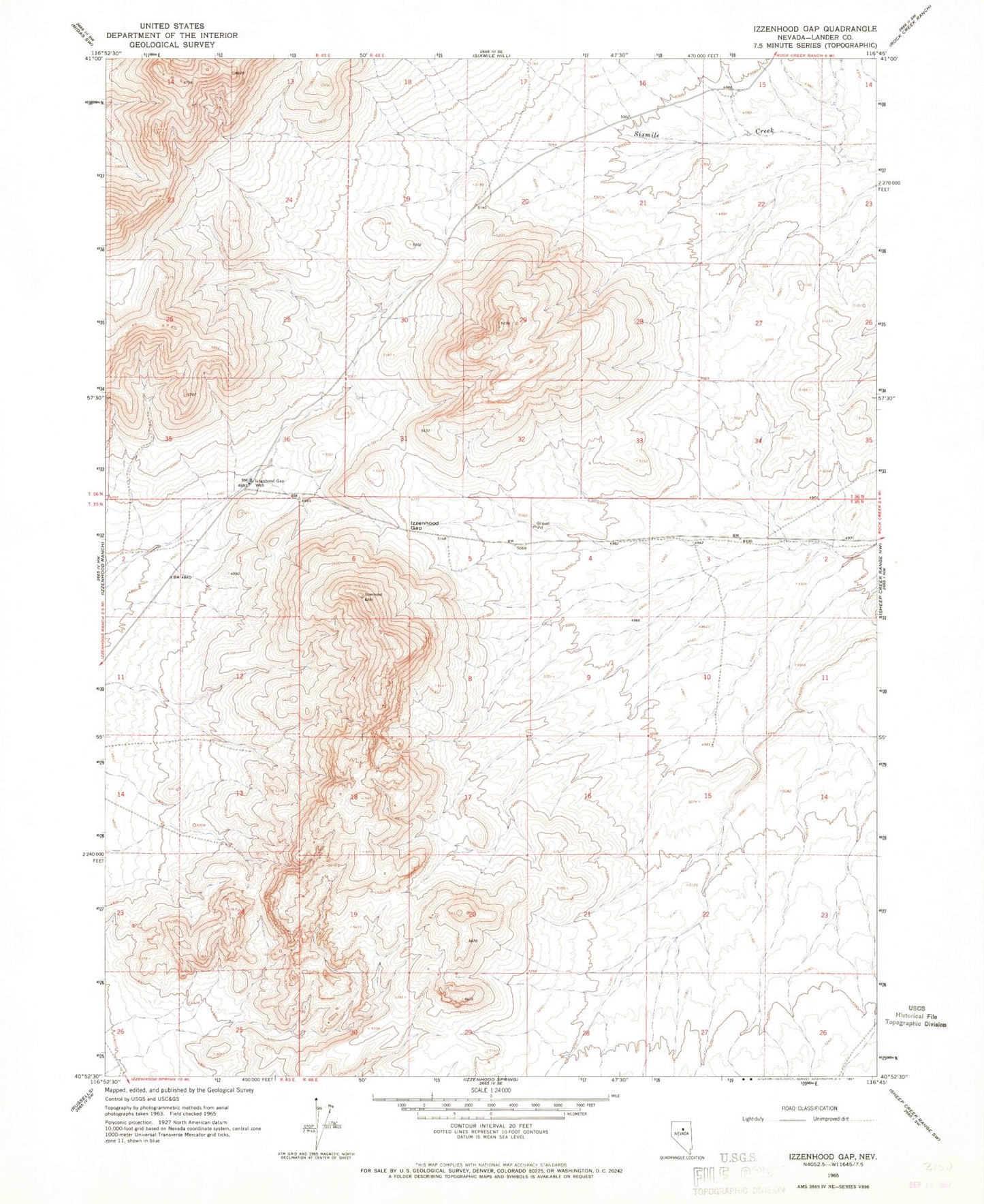 Classic USGS Izzenhood Gap Nevada 7.5'x7.5' Topo Map Image
