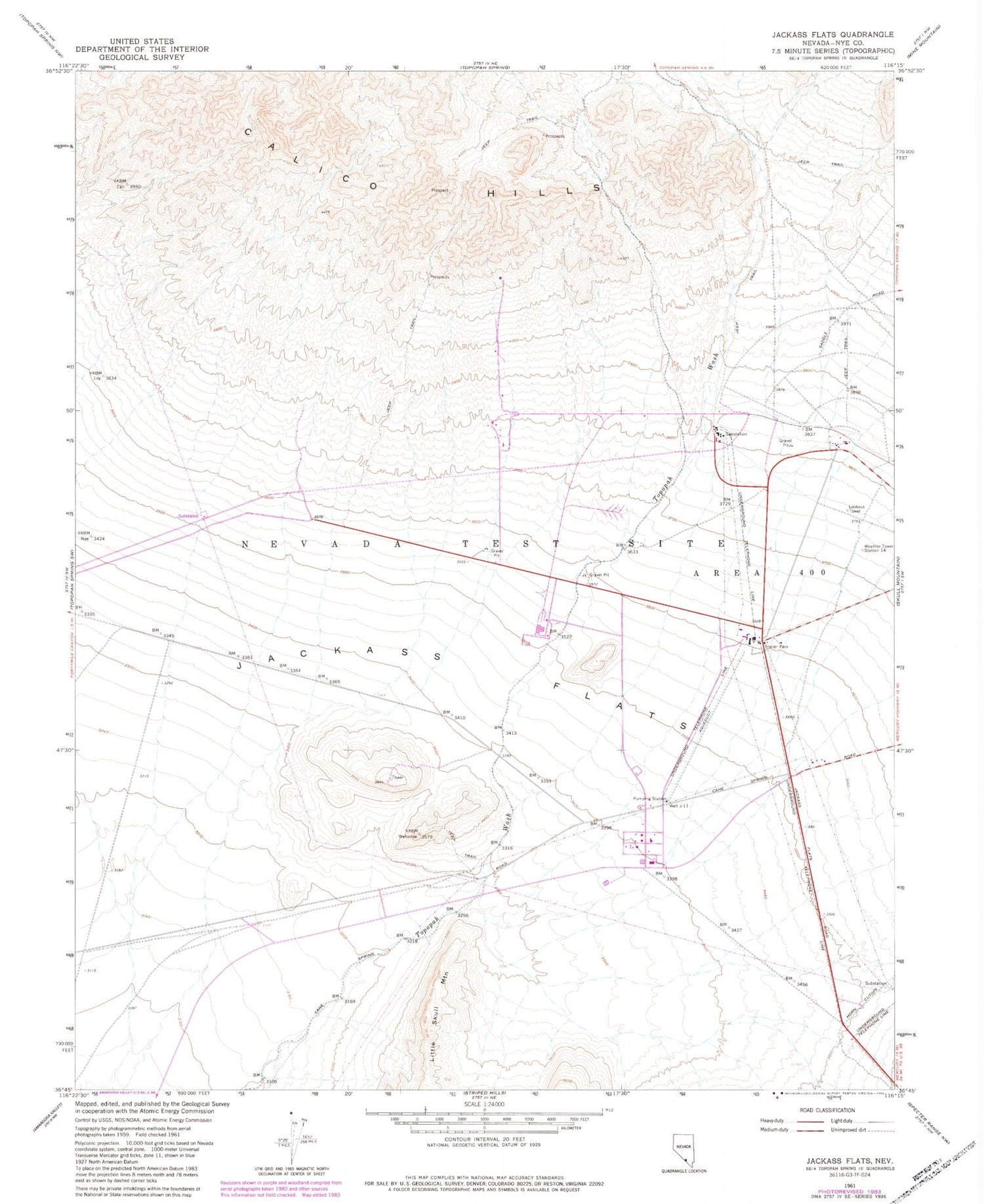 Classic USGS Jackass Flats Nevada 7.5'x7.5' Topo Map Image
