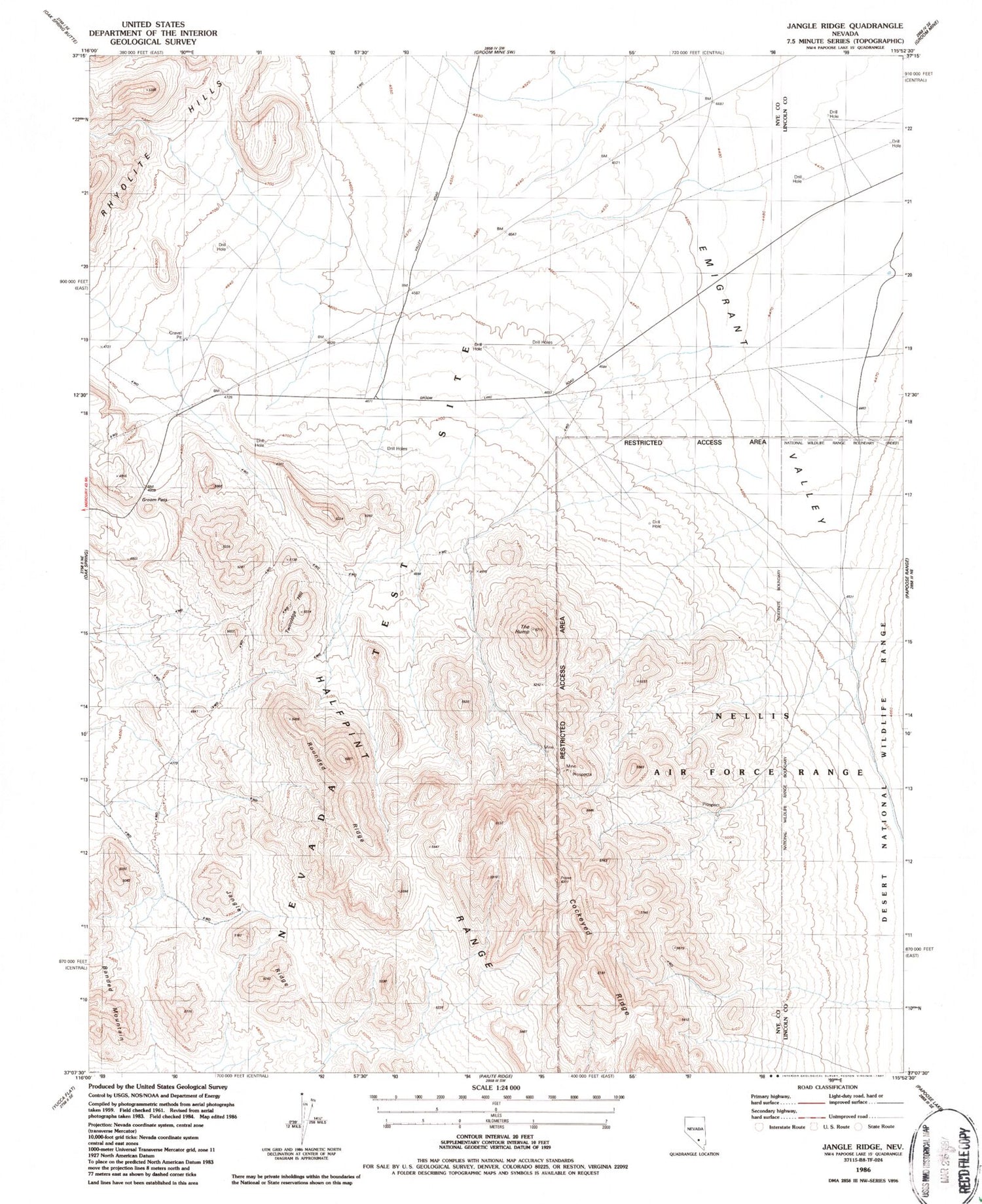 Classic USGS Jangle Ridge Nevada 7.5'x7.5' Topo Map Image