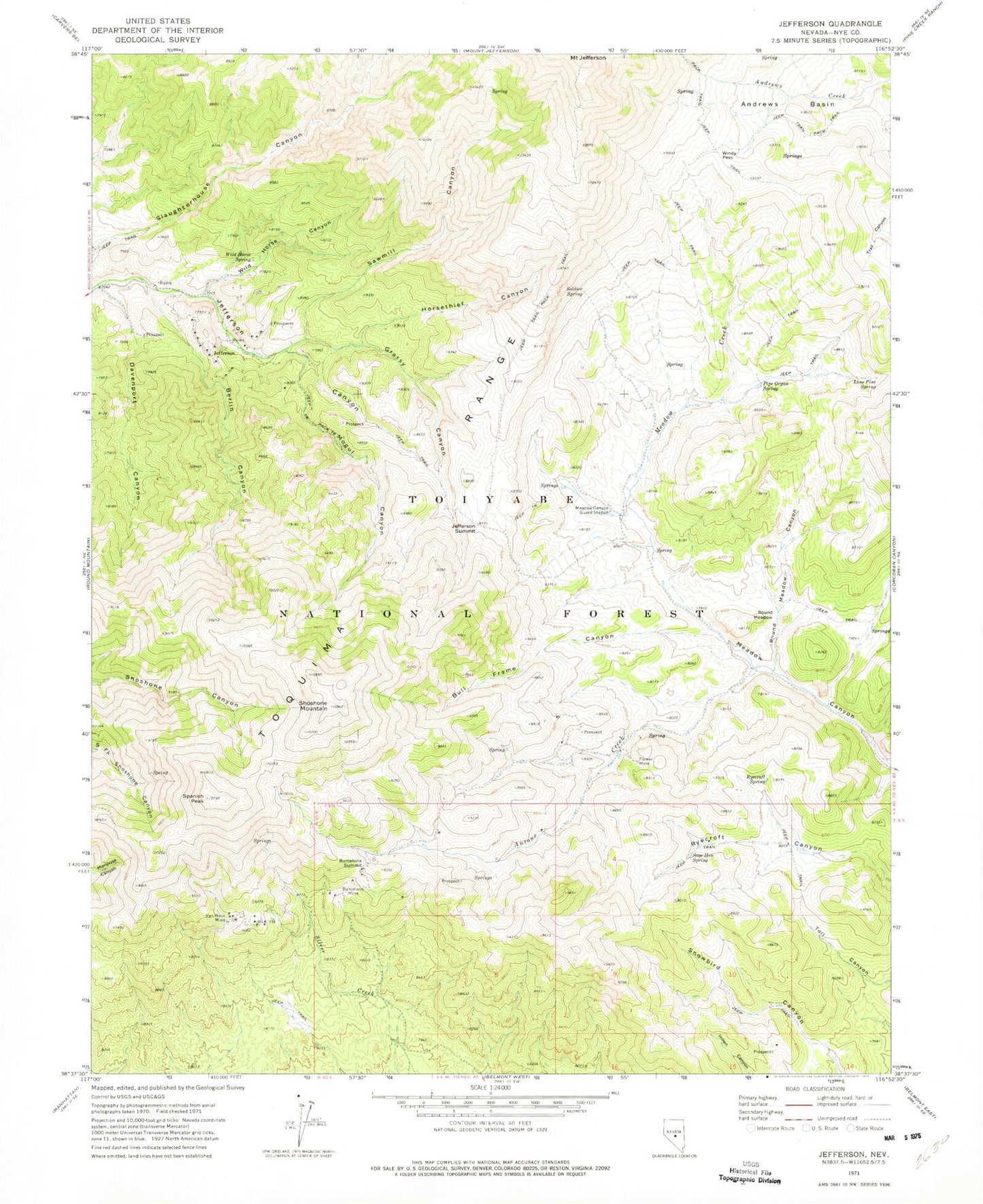 Classic USGS Jefferson Nevada 7.5'x7.5' Topo Map Image