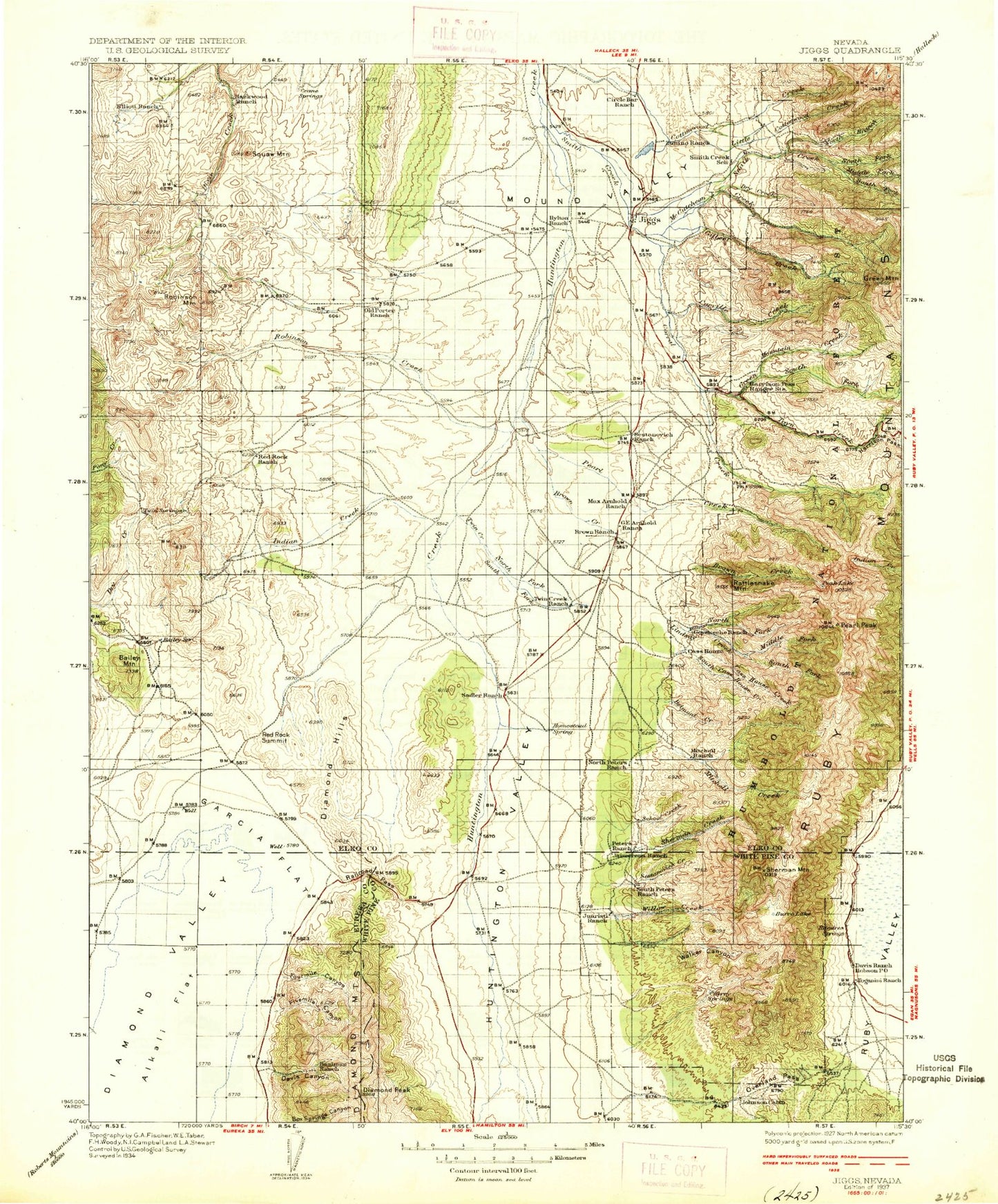 Historic 1937 Jiggs Nevada 30'x30' Topo Map Image