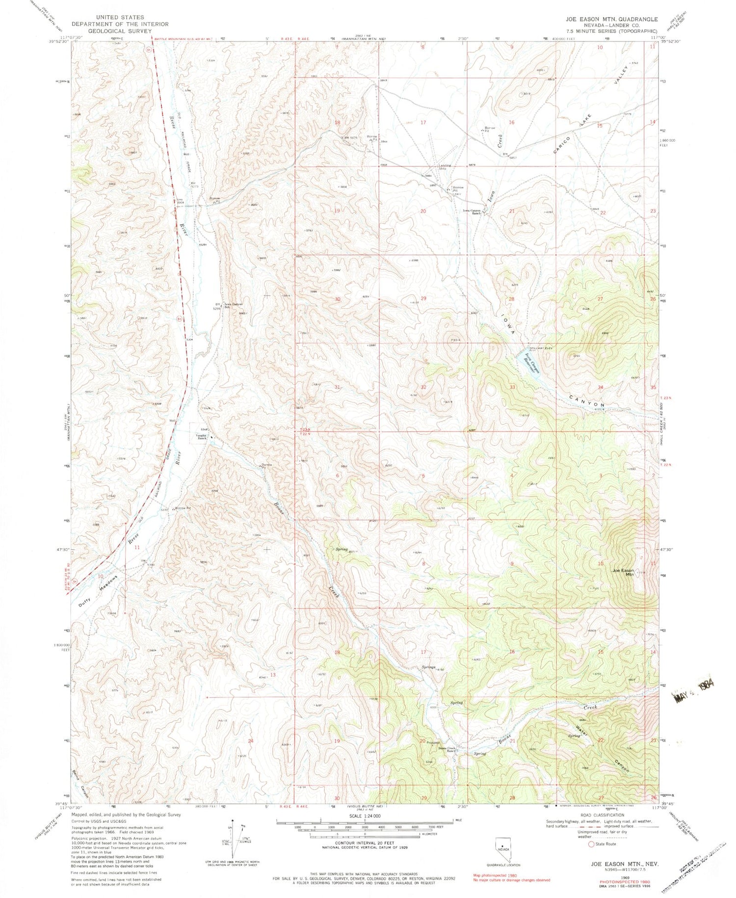 Classic USGS Joe Eason Mountain Nevada 7.5'x7.5' Topo Map Image