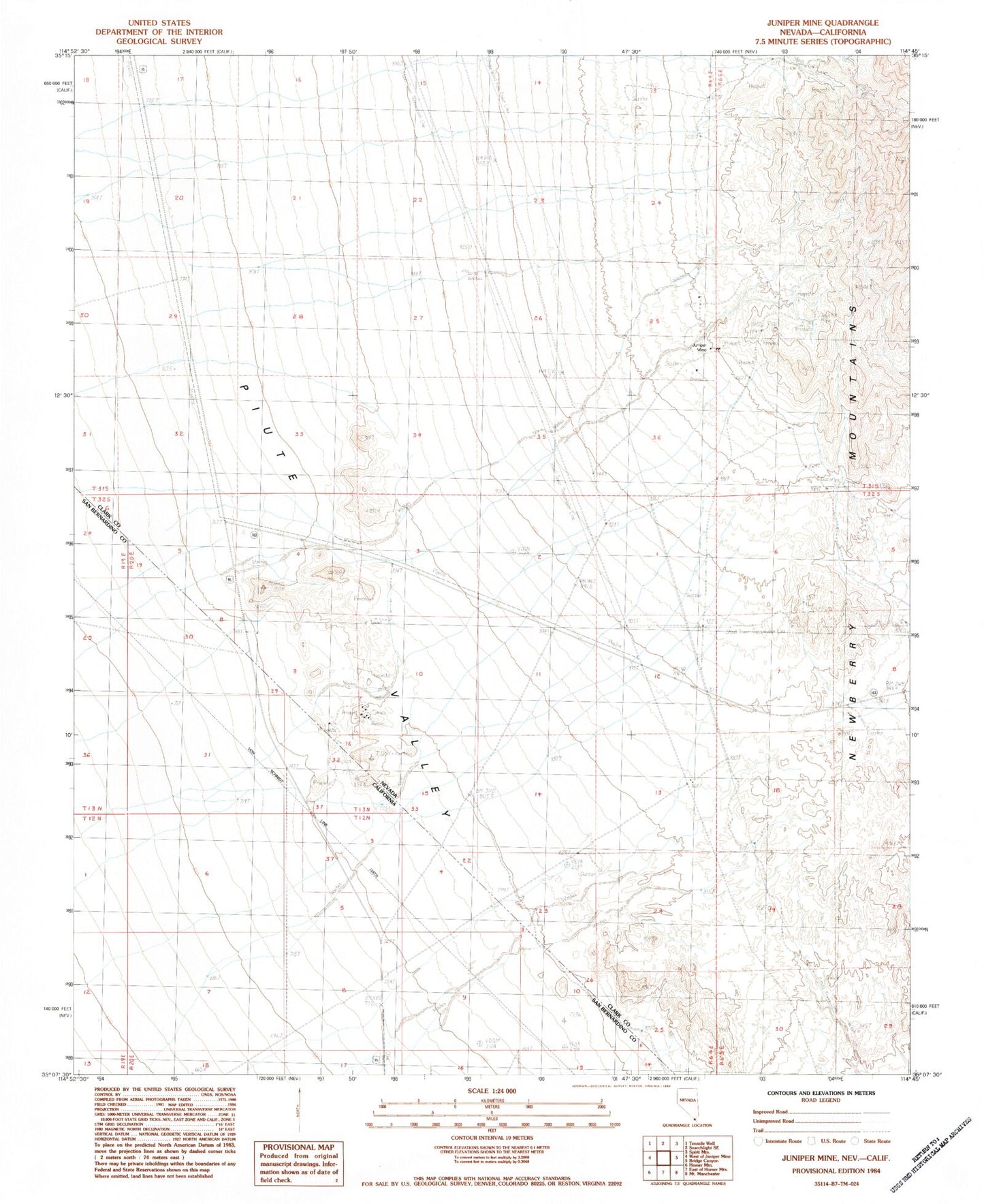 Classic USGS Juniper Mine Nevada 7.5'x7.5' Topo Map Image